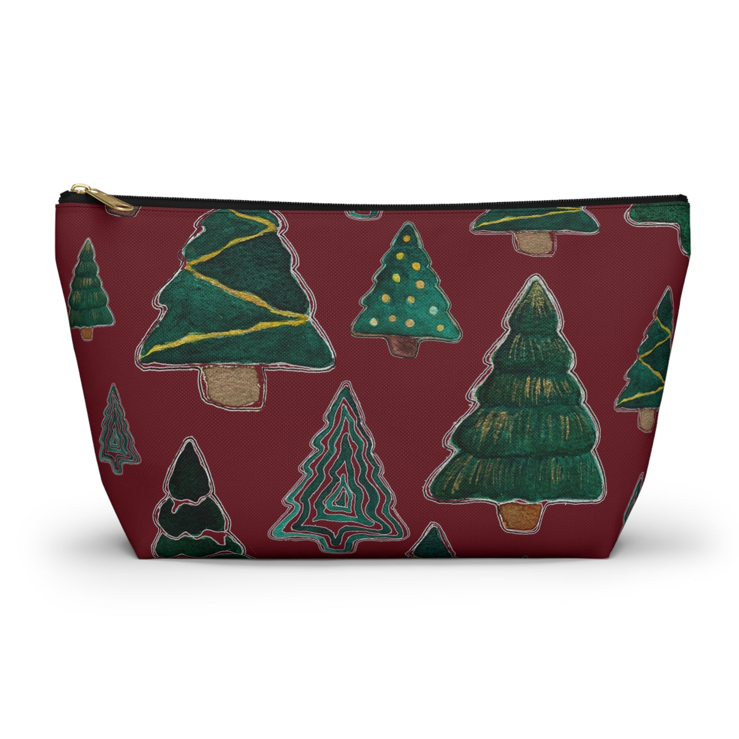 Christmas Tree Cutouts on Maroon Accessory Pouch w T-bottom