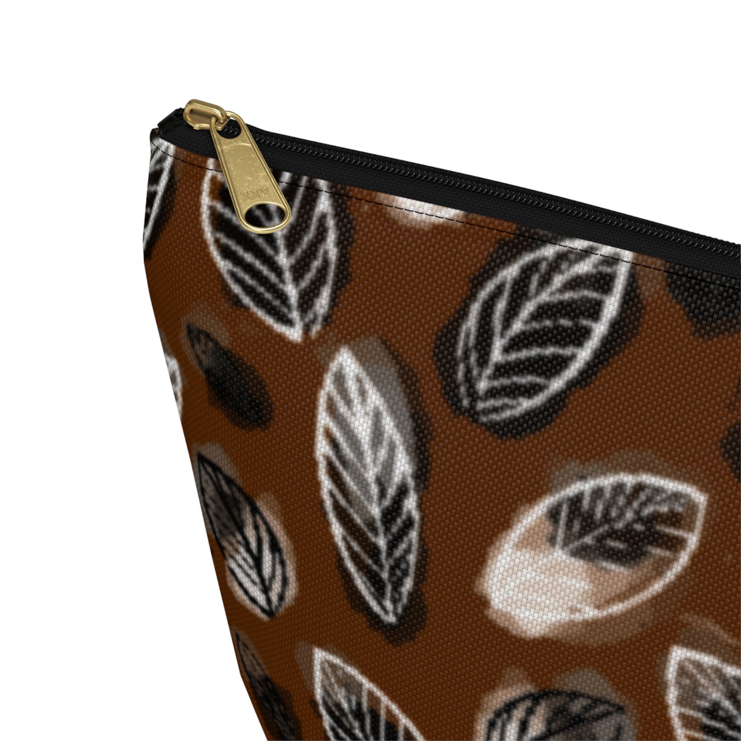 Gertie Black & Cream Abstract Leaves on Brown Makeup Zipper Accessory Pouch w T-bottom