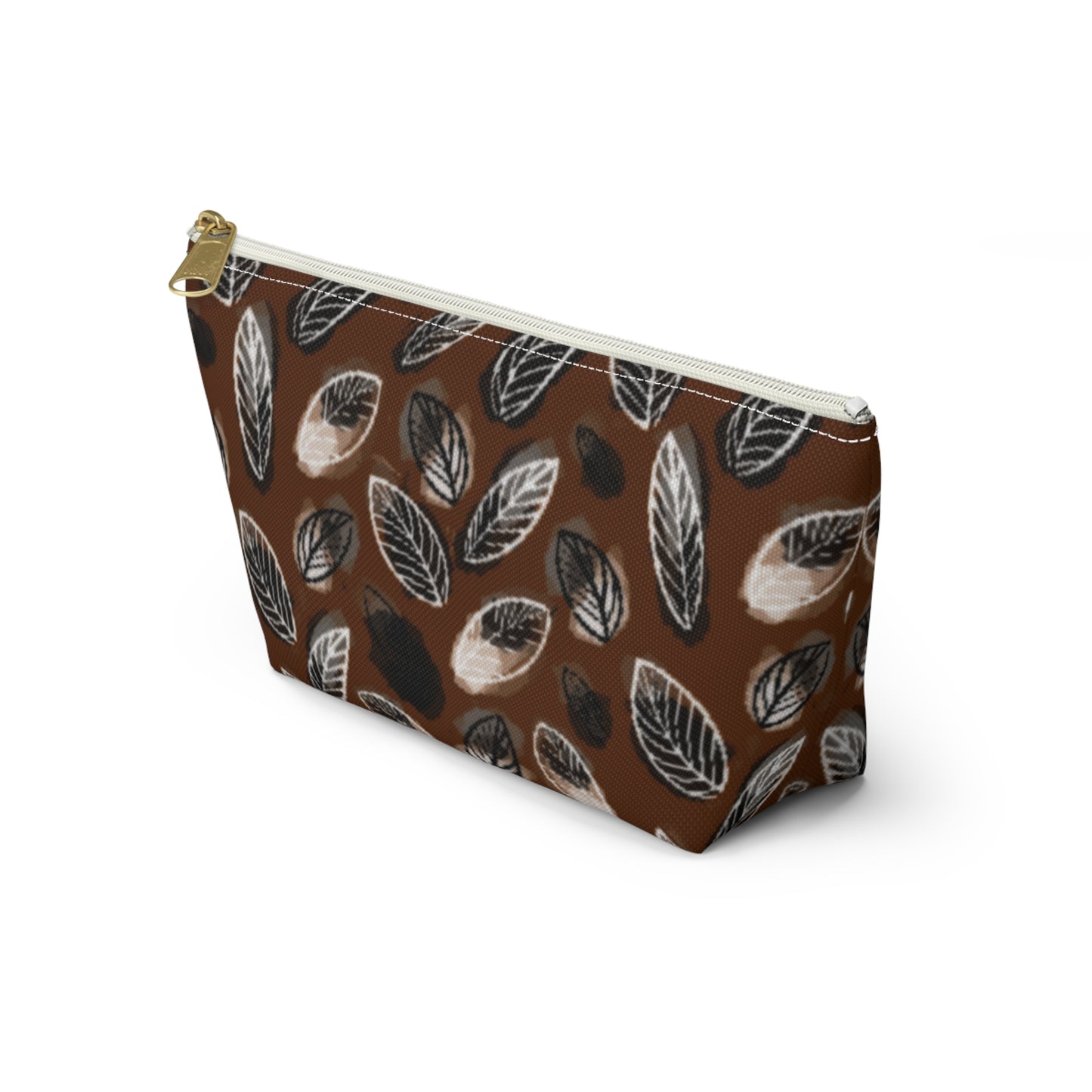 Gertie Black & Cream Abstract Leaves on Brown Makeup Zipper Accessory Pouch w T-bottom