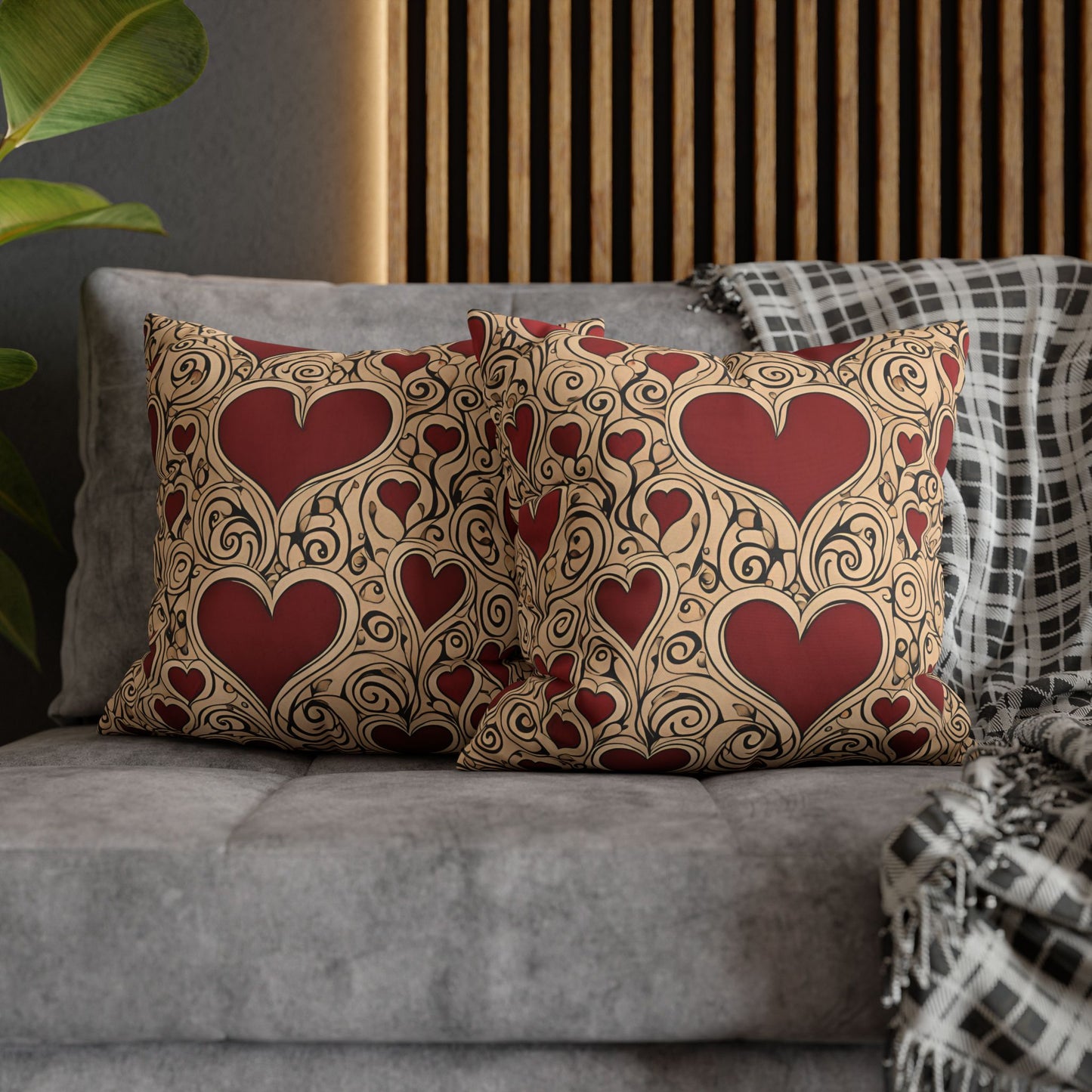 Hearts on Khaki Square Poly Canvas Pillowcase