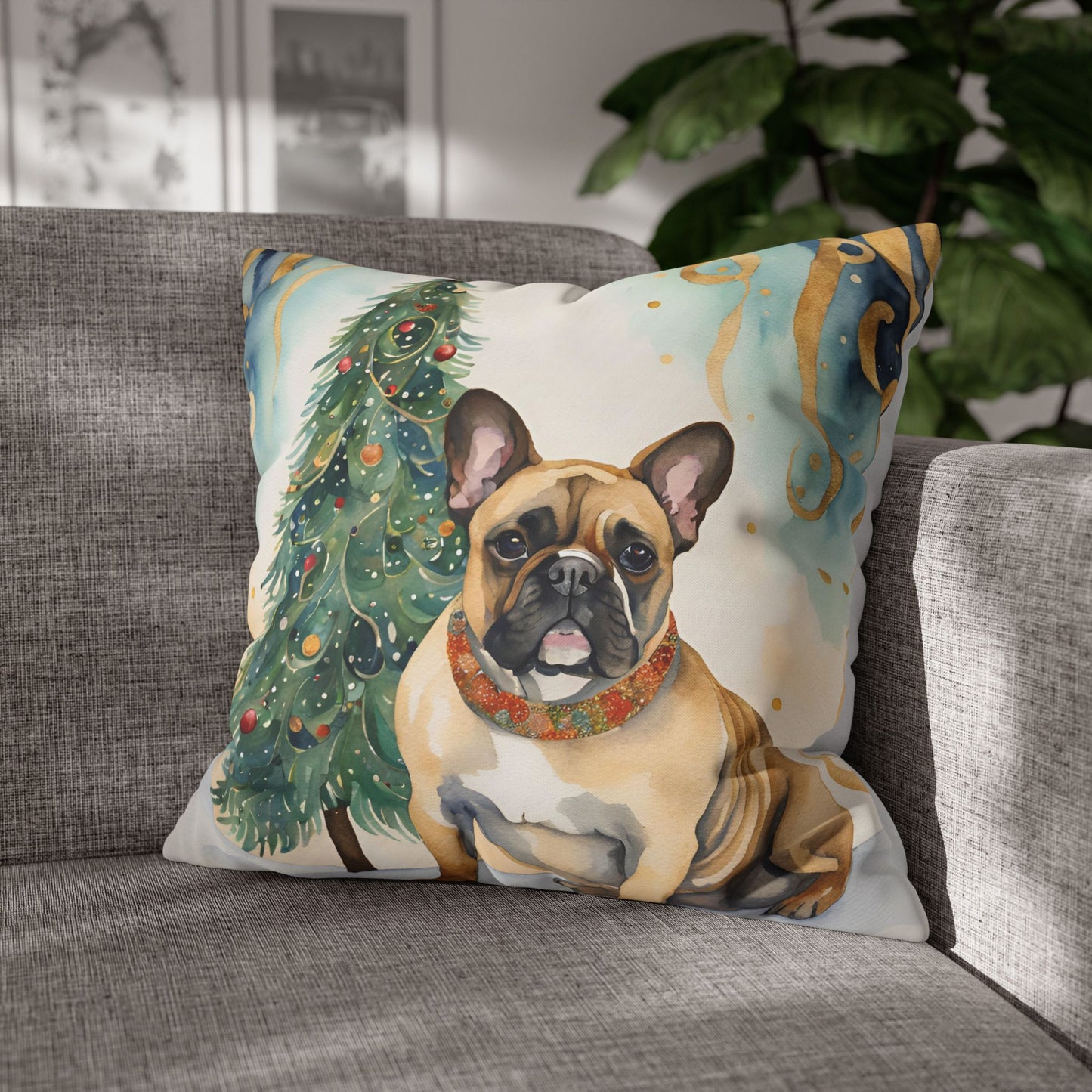 A Frenchie Christmas Square Poly Canvas Pillowcase