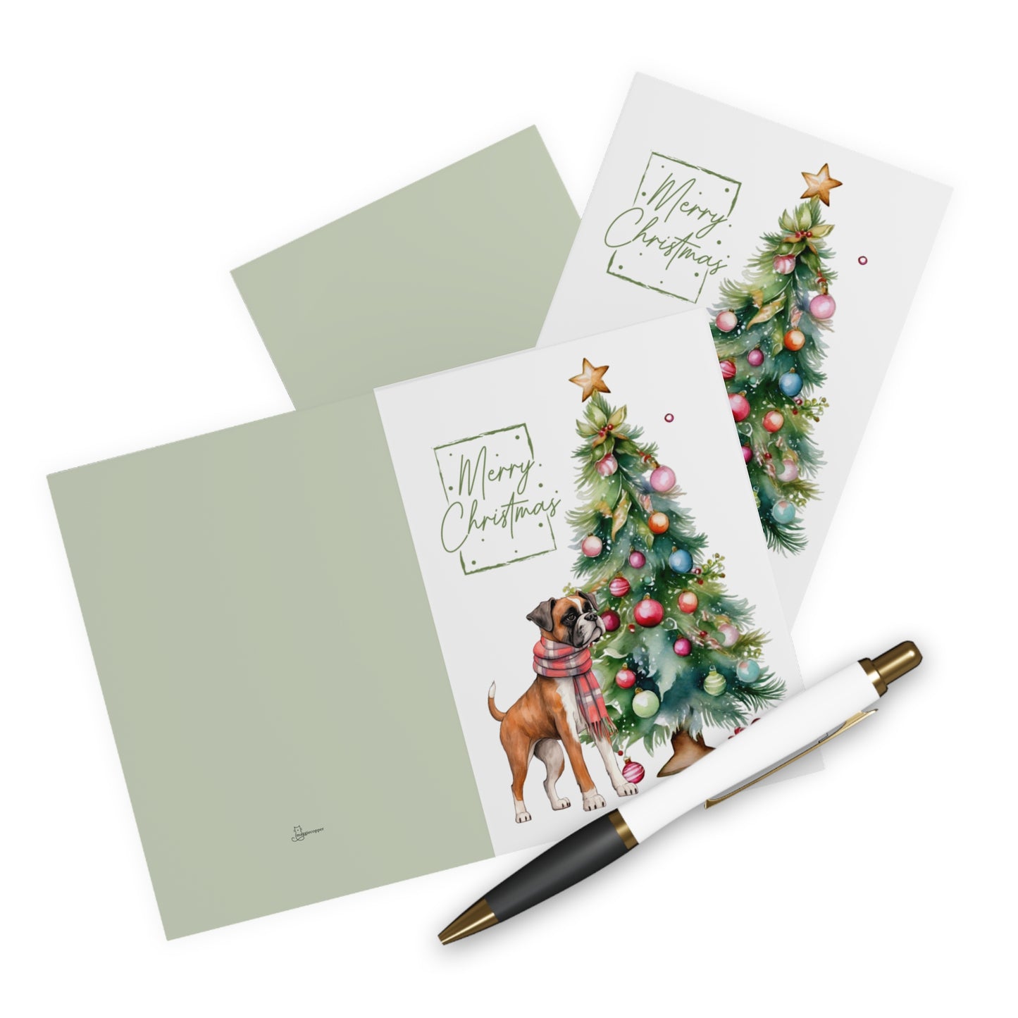 Boxer Merry Christmas Tree Cards (5 Pack Blank Inside)