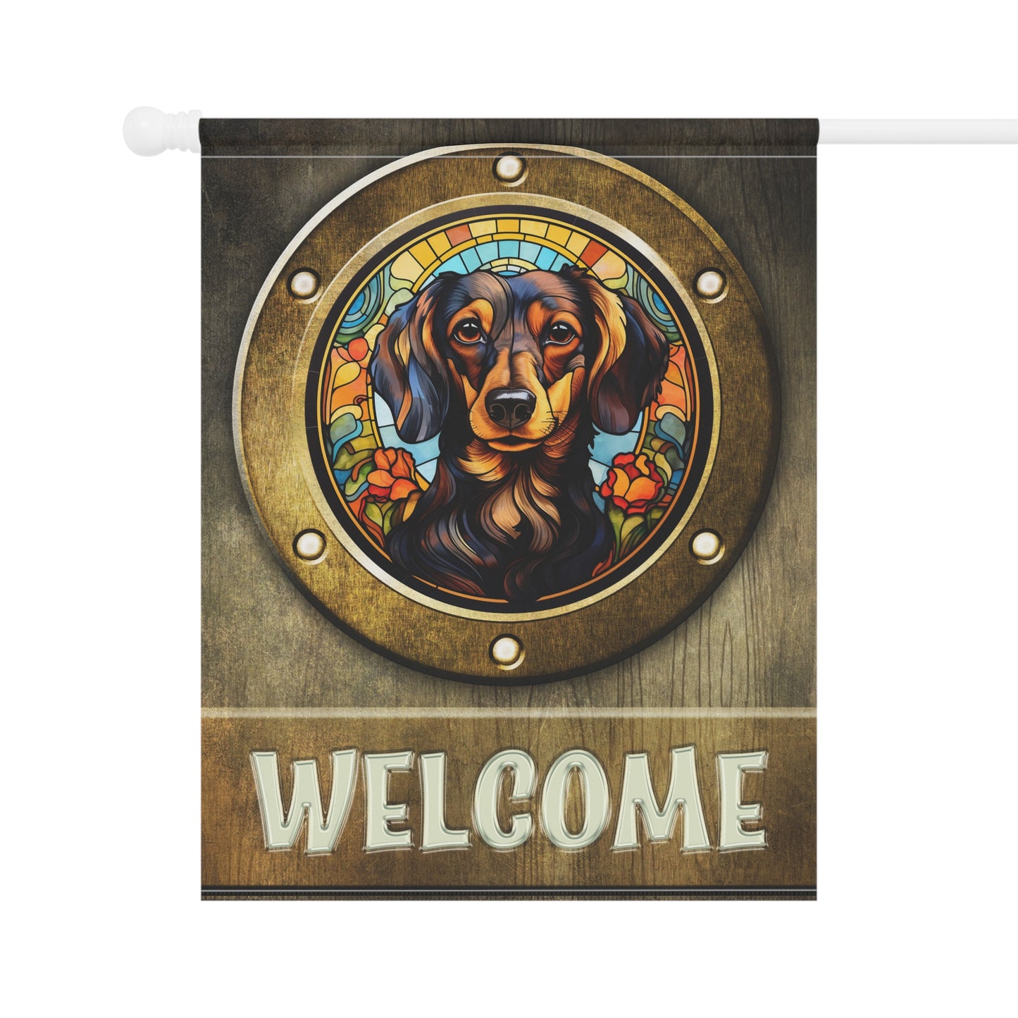 Dachshund in Port Hole Welcome 2-Sided Garden & House Flag/Banner