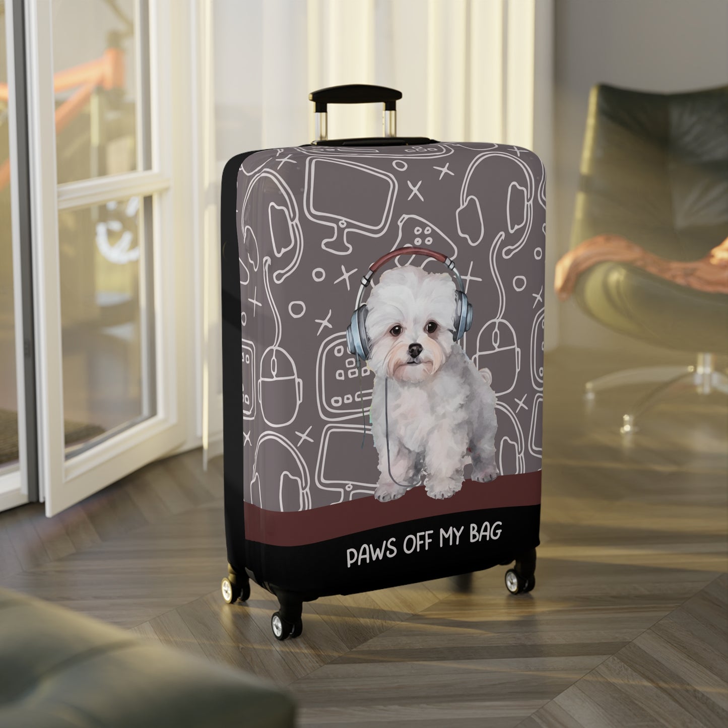 Bichon Frise in Headphones Paws Off My Bag Luggage Cover