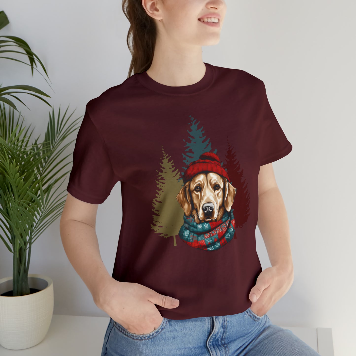 Golden Retriever in Hat & Scarf Unisex Jersey Short Sleeve Tee