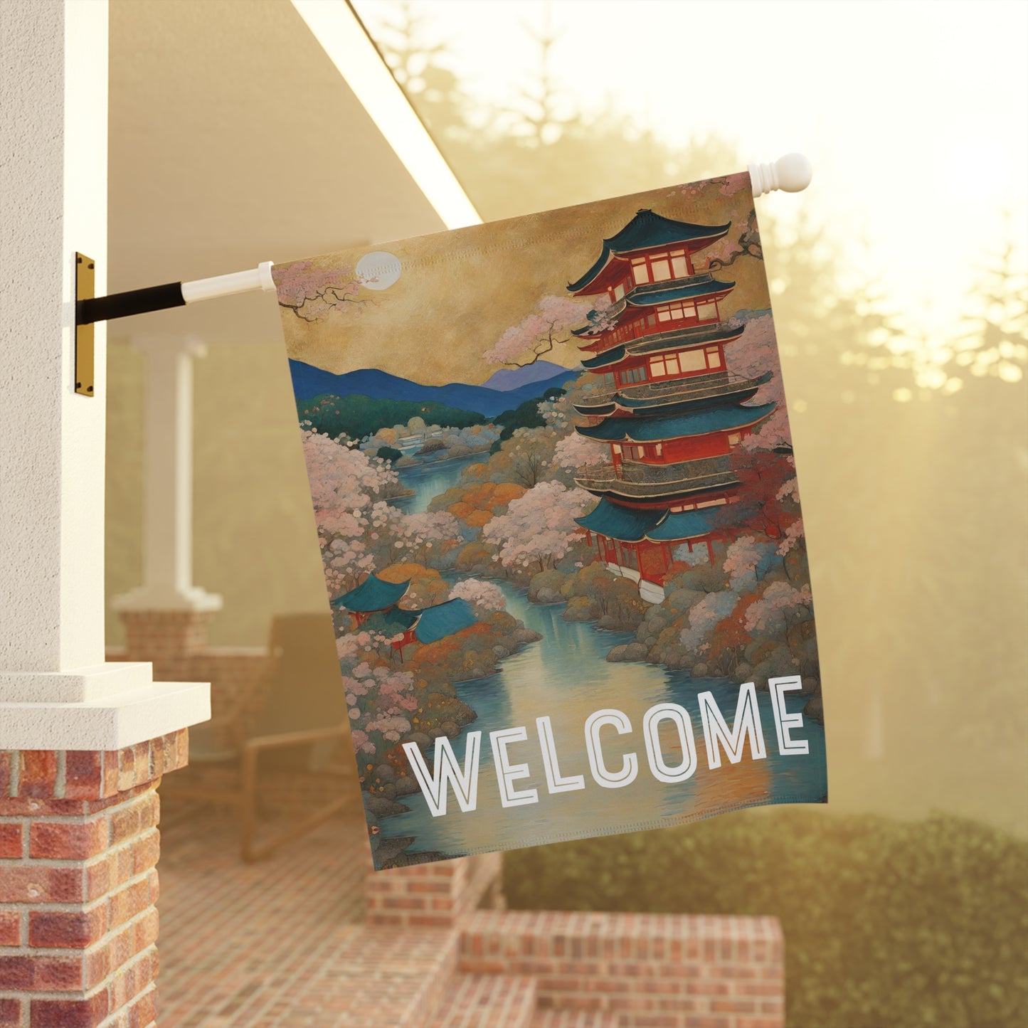 Serene Pagoda Welcome 2-Sided Garden & House Flag/Banner