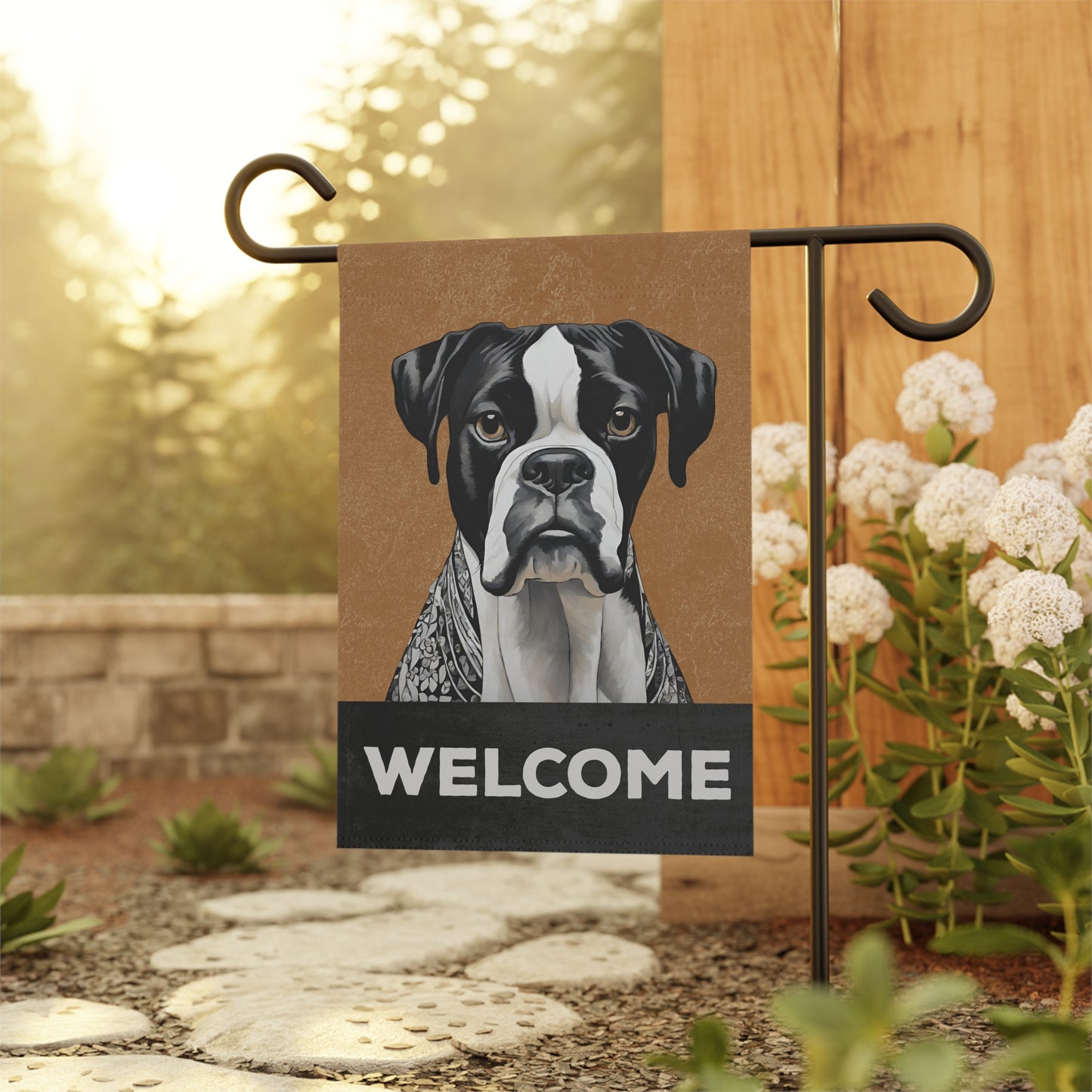 Boxer (Black & White) Welcome 2-Sided Garden & House Flag/Banner