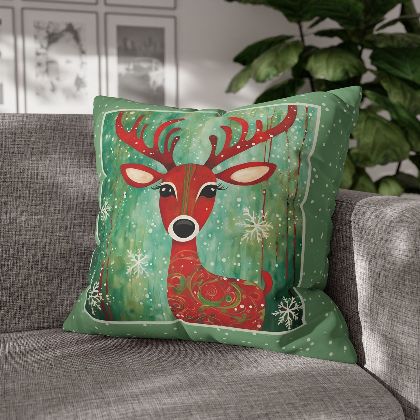 Red Reindeer Square Poly Canvas Pillowcase