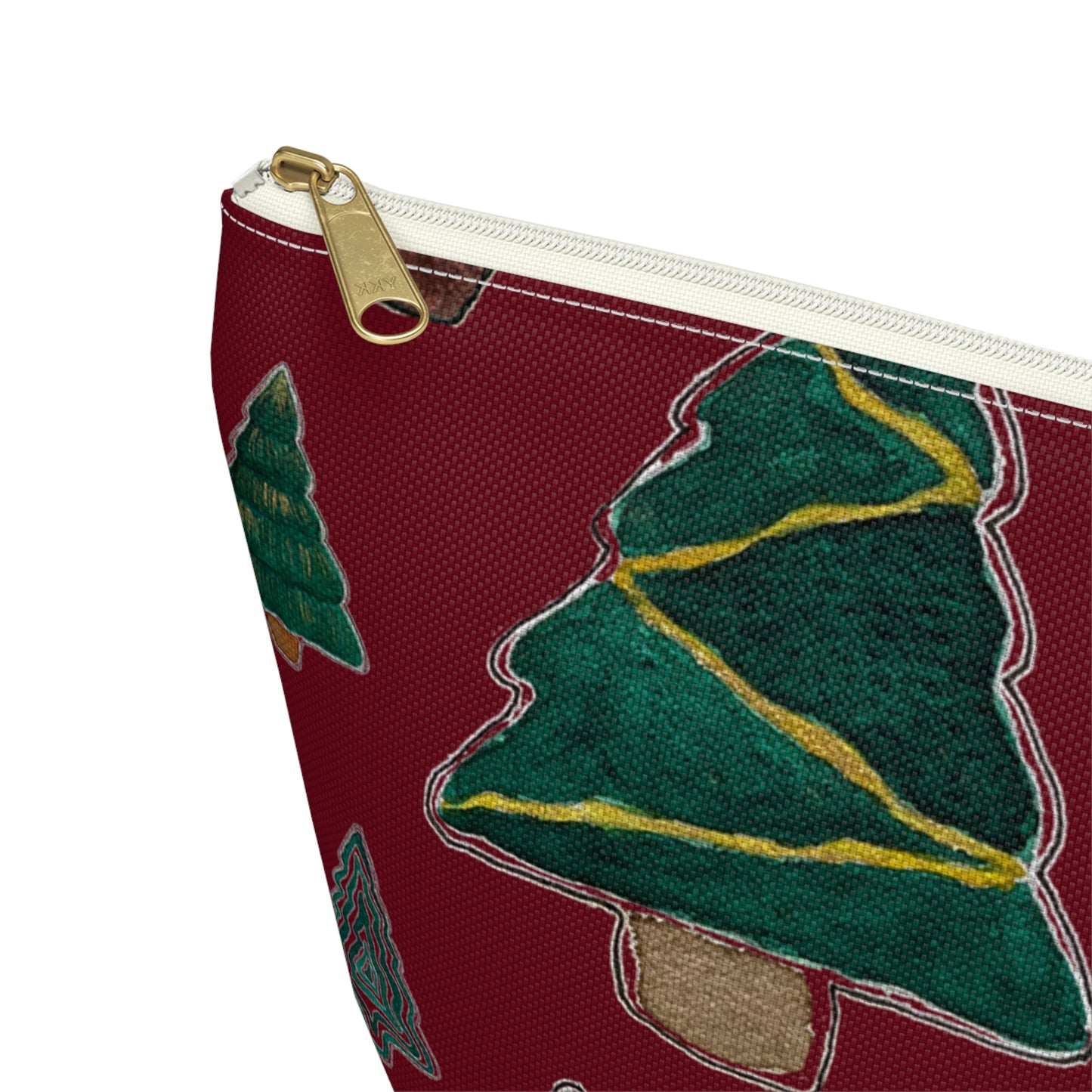 Christmas Tree Cutouts on Maroon Accessory Pouch w T-bottom