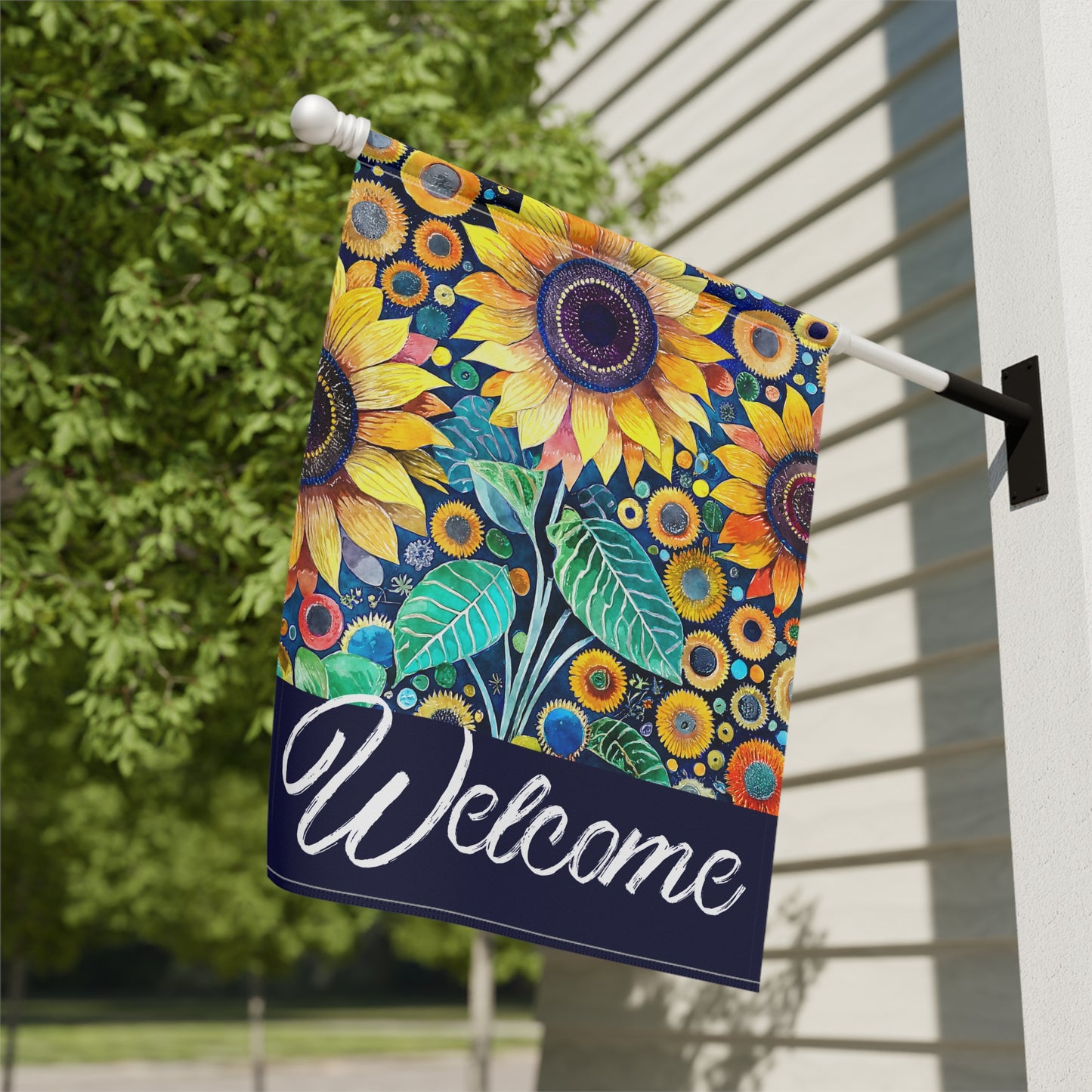 Funky Bright Sunflowers Welcome 2-Sided Garden & House Flag/Banner