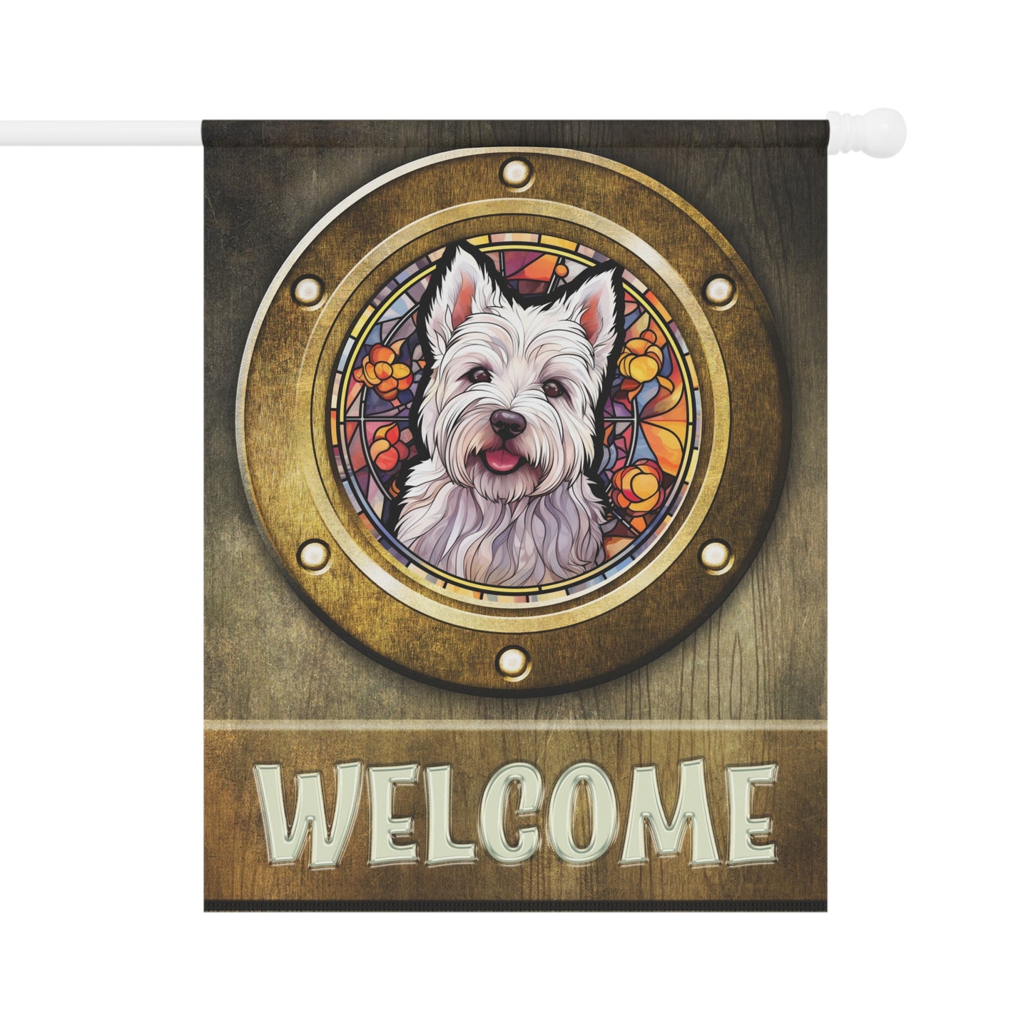 West Highland Terrier in Port Hole Westie Welcome 2-Sided Garden & House Flag/Banner