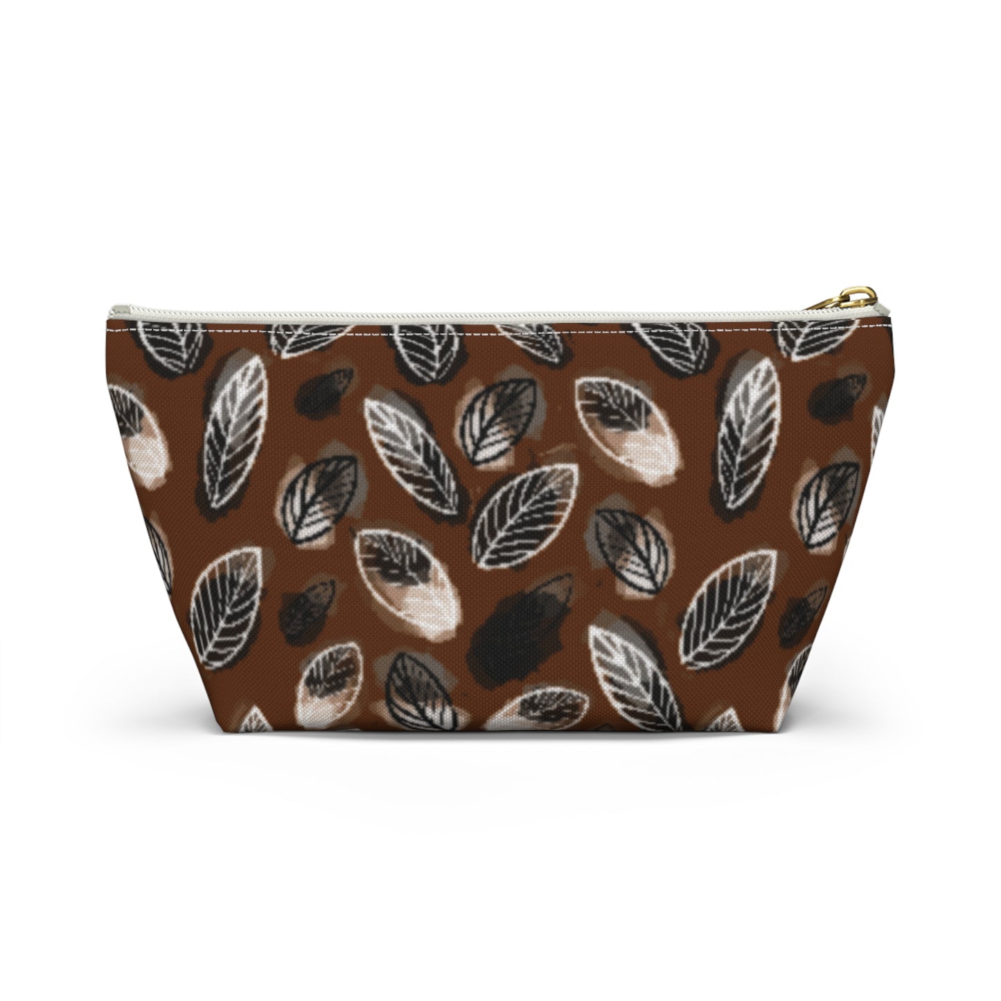 Gertie Black & Cream Abstract Leaves on Brown Makeup Zipper Accessory Pouch w T-bottom