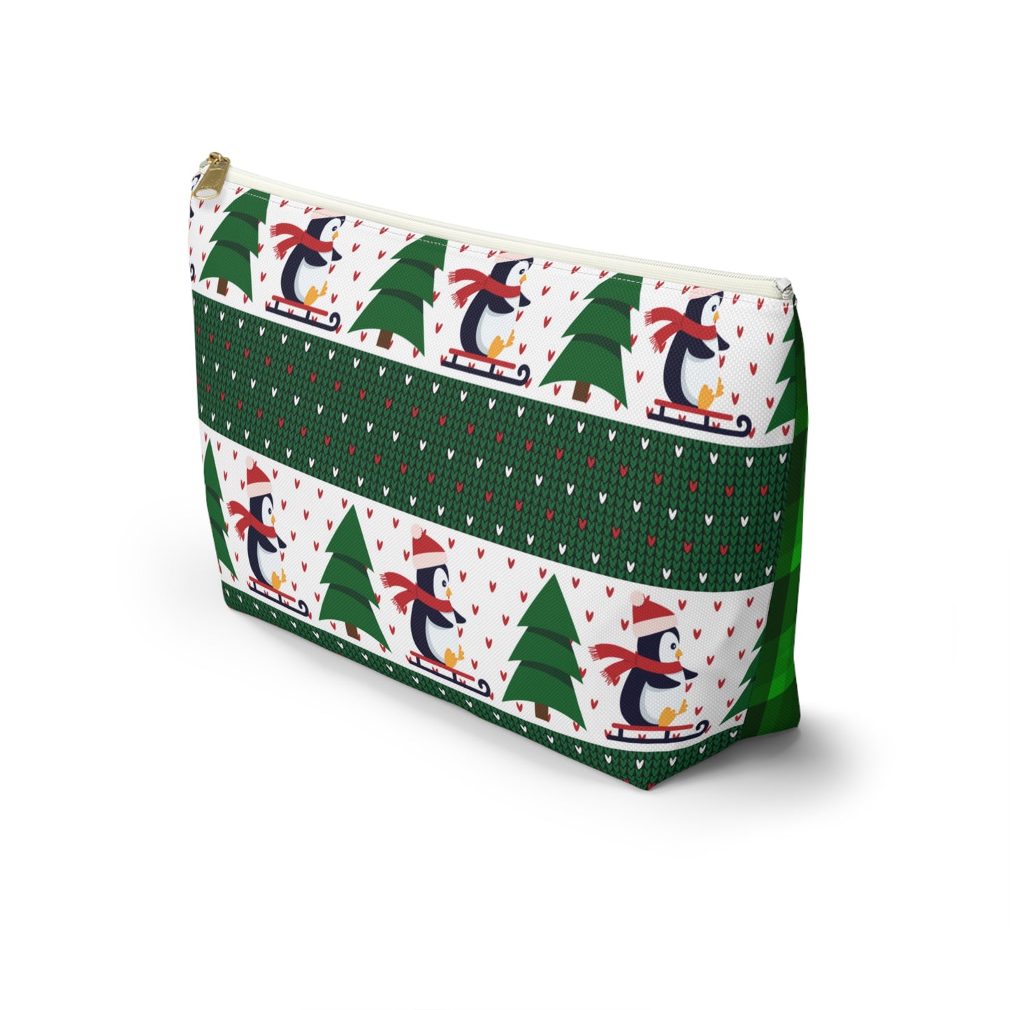 Sledding Penguins Green Plaid Accessory Pouch w T-bottom