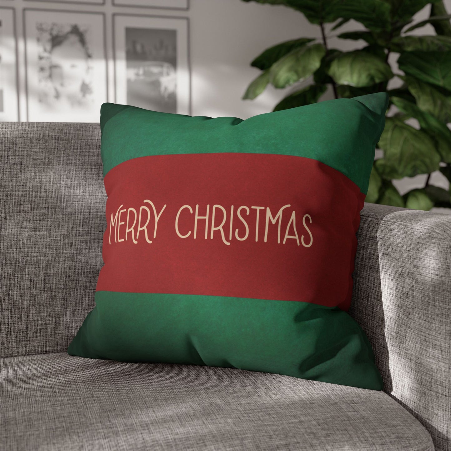 Merry Christmas Red & Green Square Poly Canvas Pillowcase