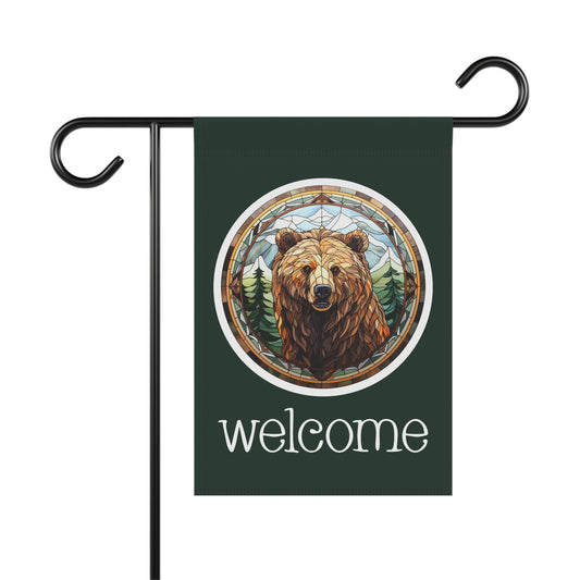 Grizzly Bear on Green Welcome 2-Sided Garden & House Flag/Banner