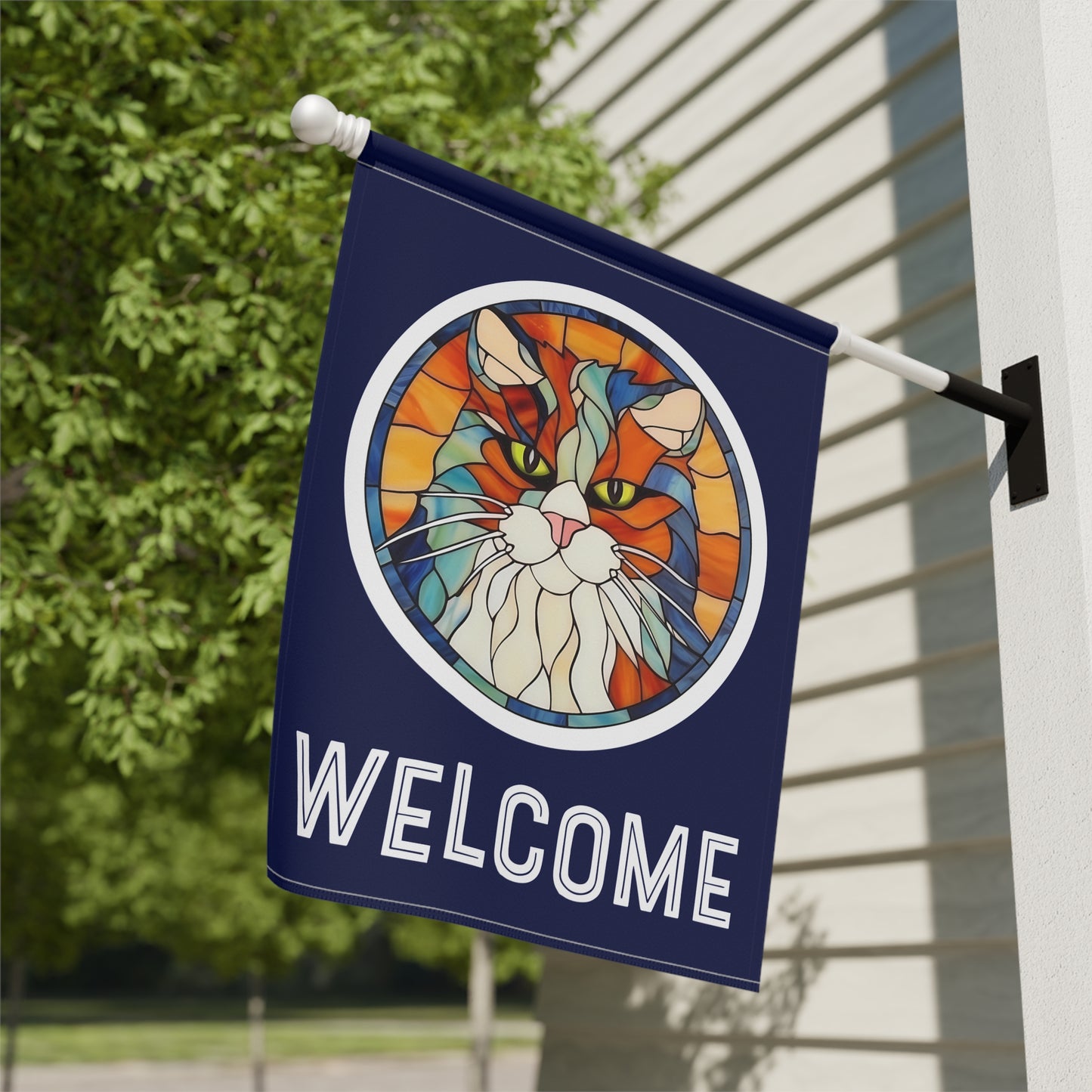 Stained Glass Cat Welcome 2-Sided Garden & House Flag/Banner