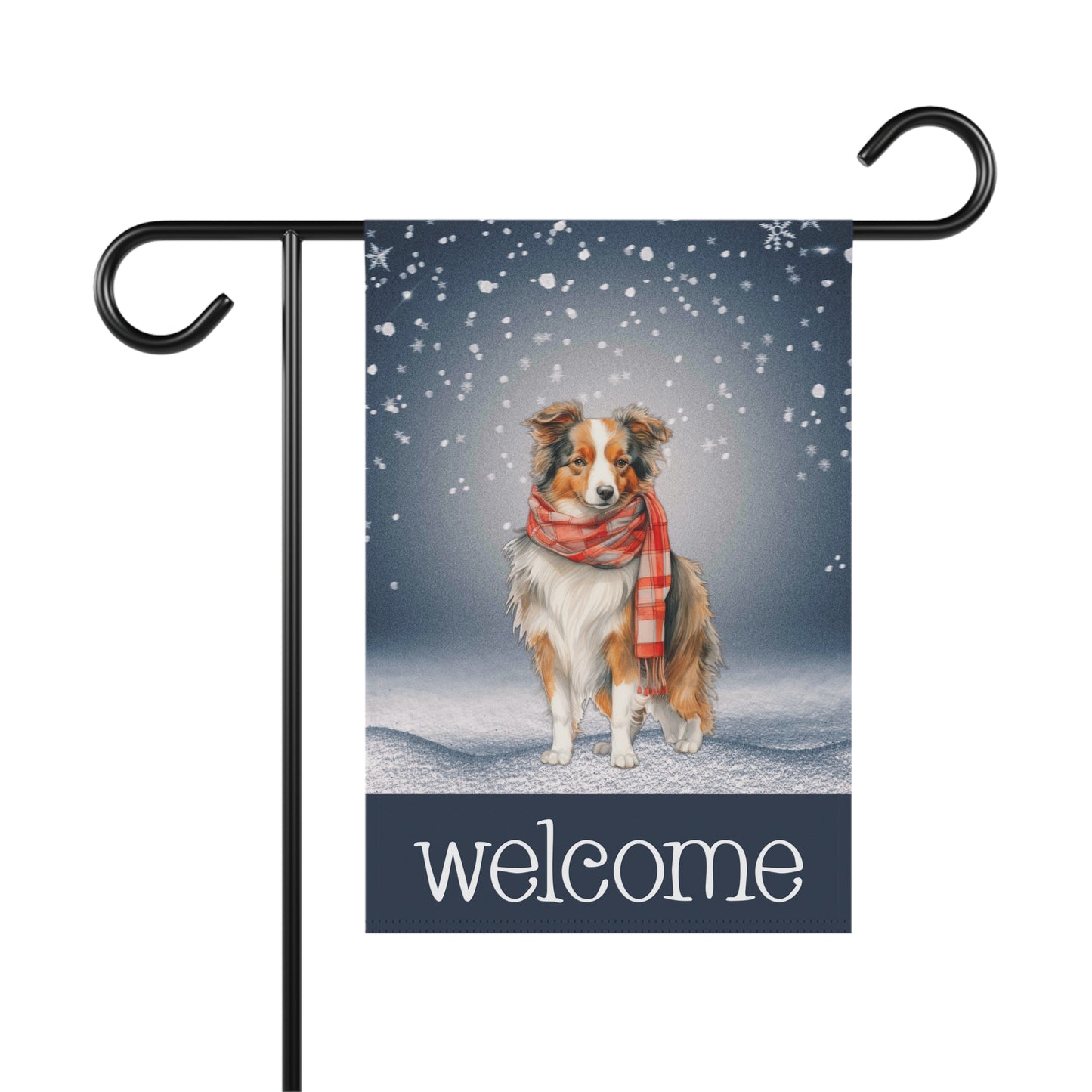 Snowy Welcome Collie in Scarf 2-Sided Garden & House Flag/Banner