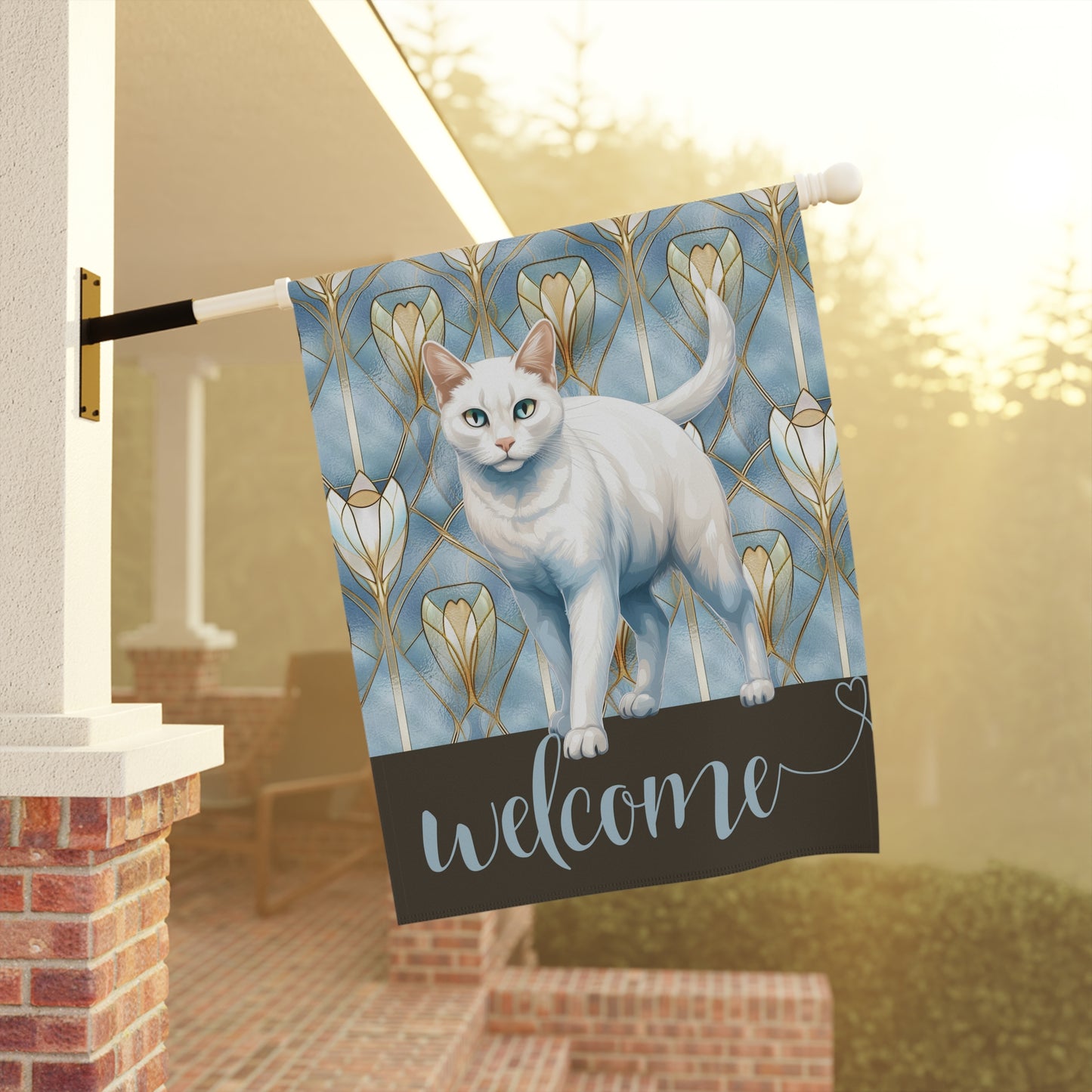 White Cat Welcome 2-Sided Garden & House Flag/Banner