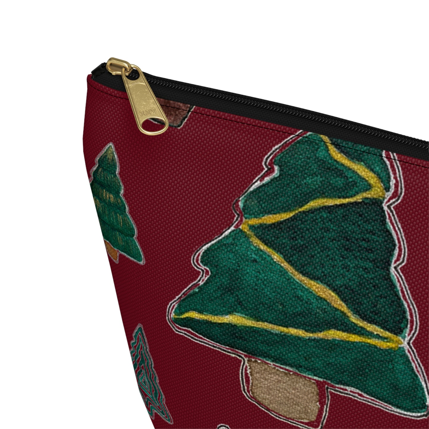 Christmas Tree Cutouts on Maroon Accessory Pouch w T-bottom