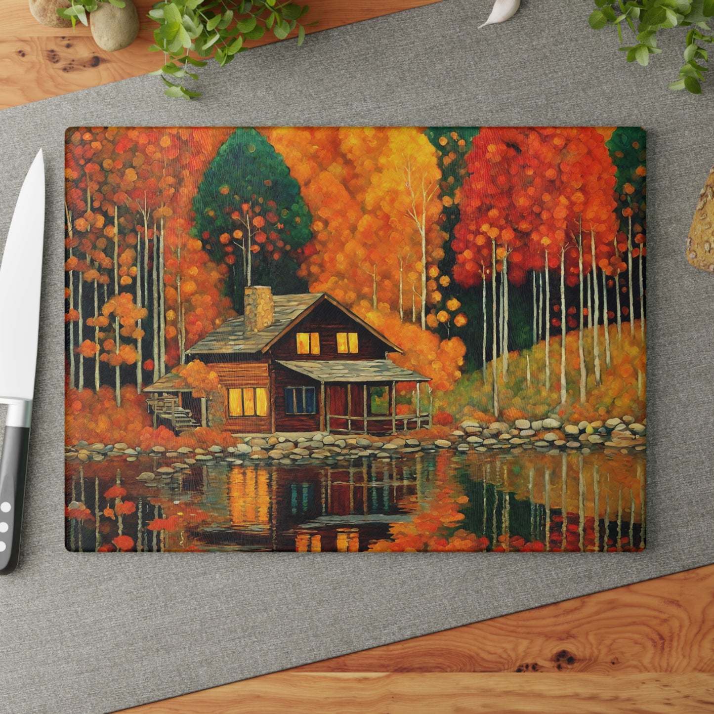 Autumn Lakeside Cabin Tempered Glass Cutting Board