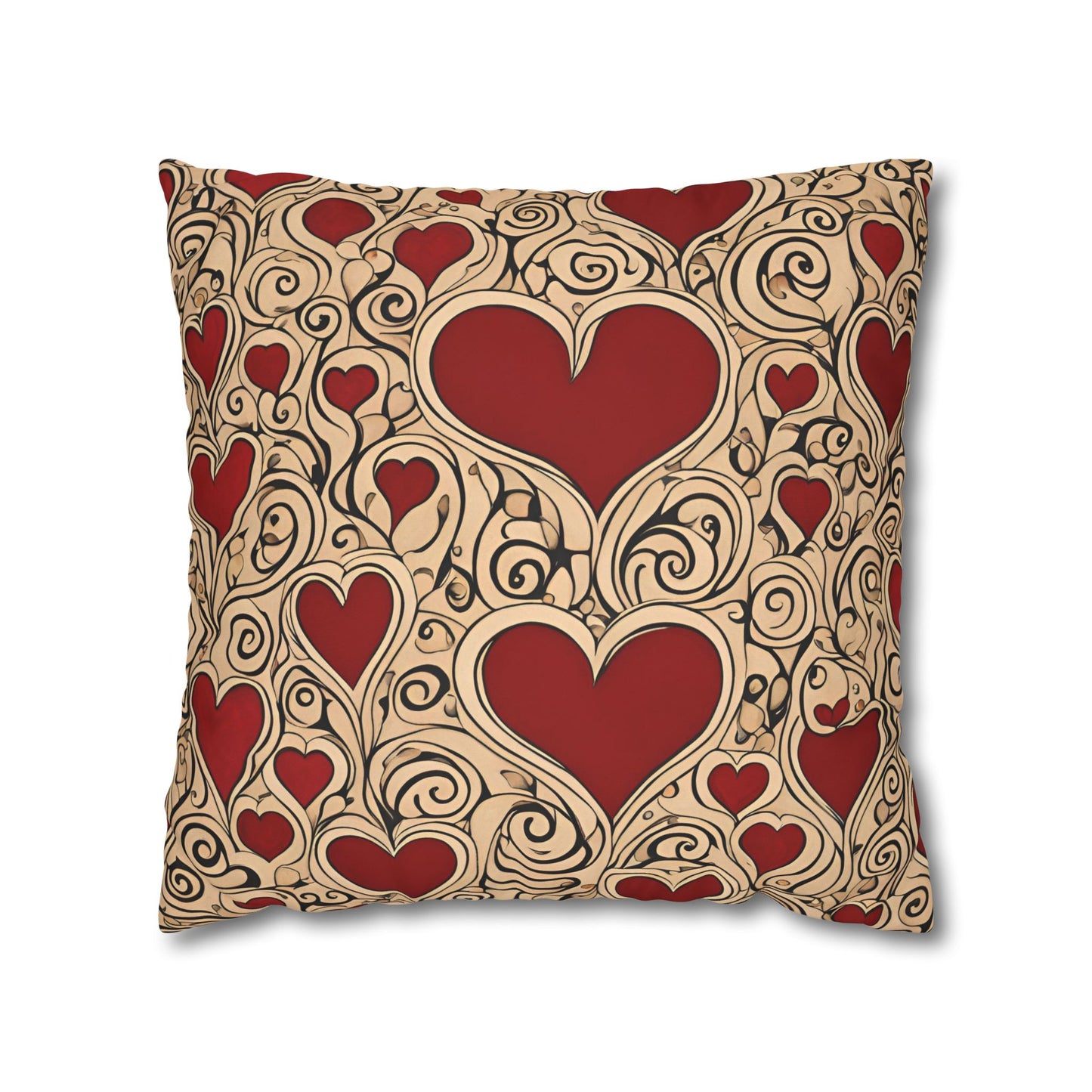 Hearts on Khaki Square Poly Canvas Pillowcase