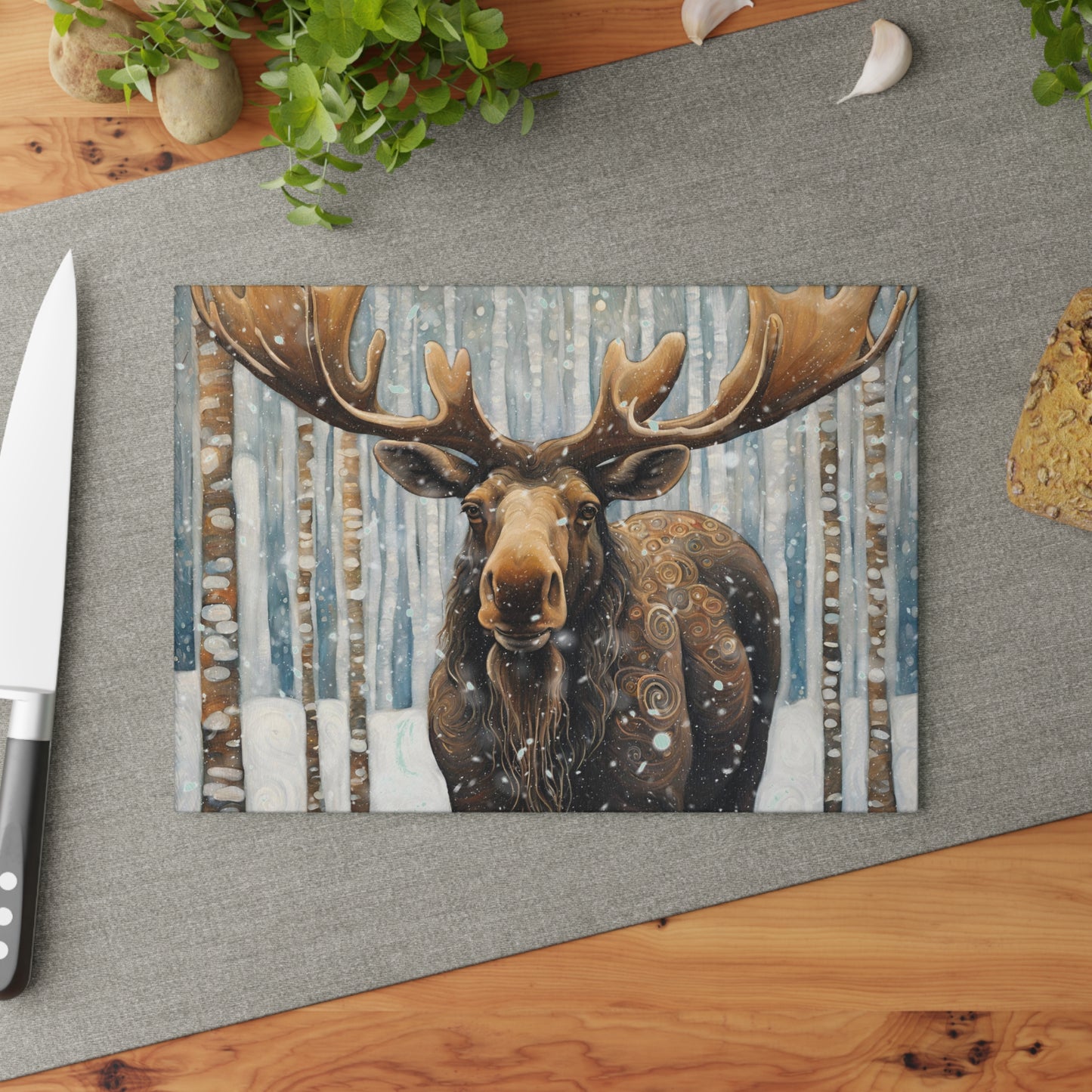 Mountain Forest Snowy Moose Tempered Glass Cutting Board