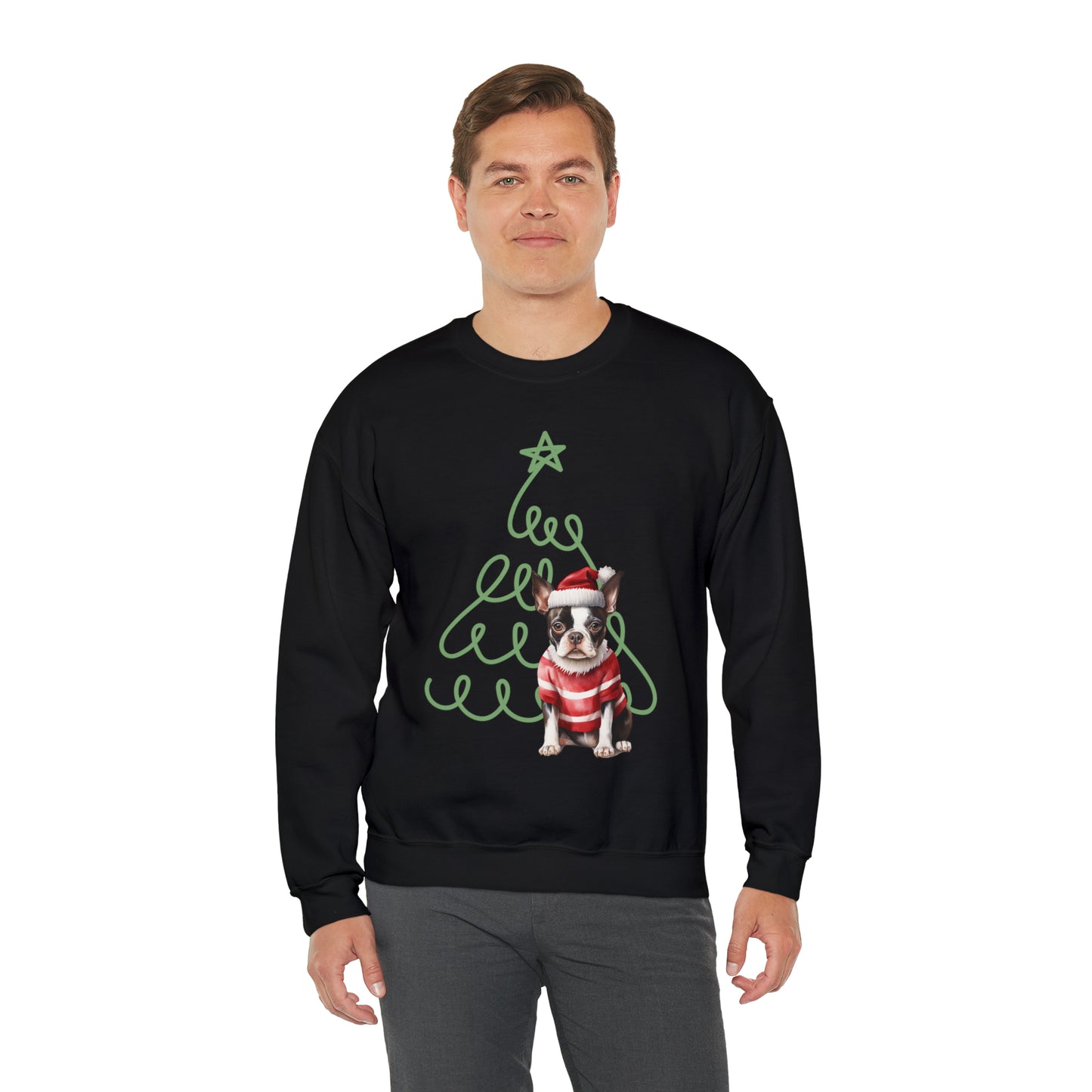 Boston Terrier in Santa Hat & Sweater Unisex Heavy Blend™ Crewneck Sweatshirt