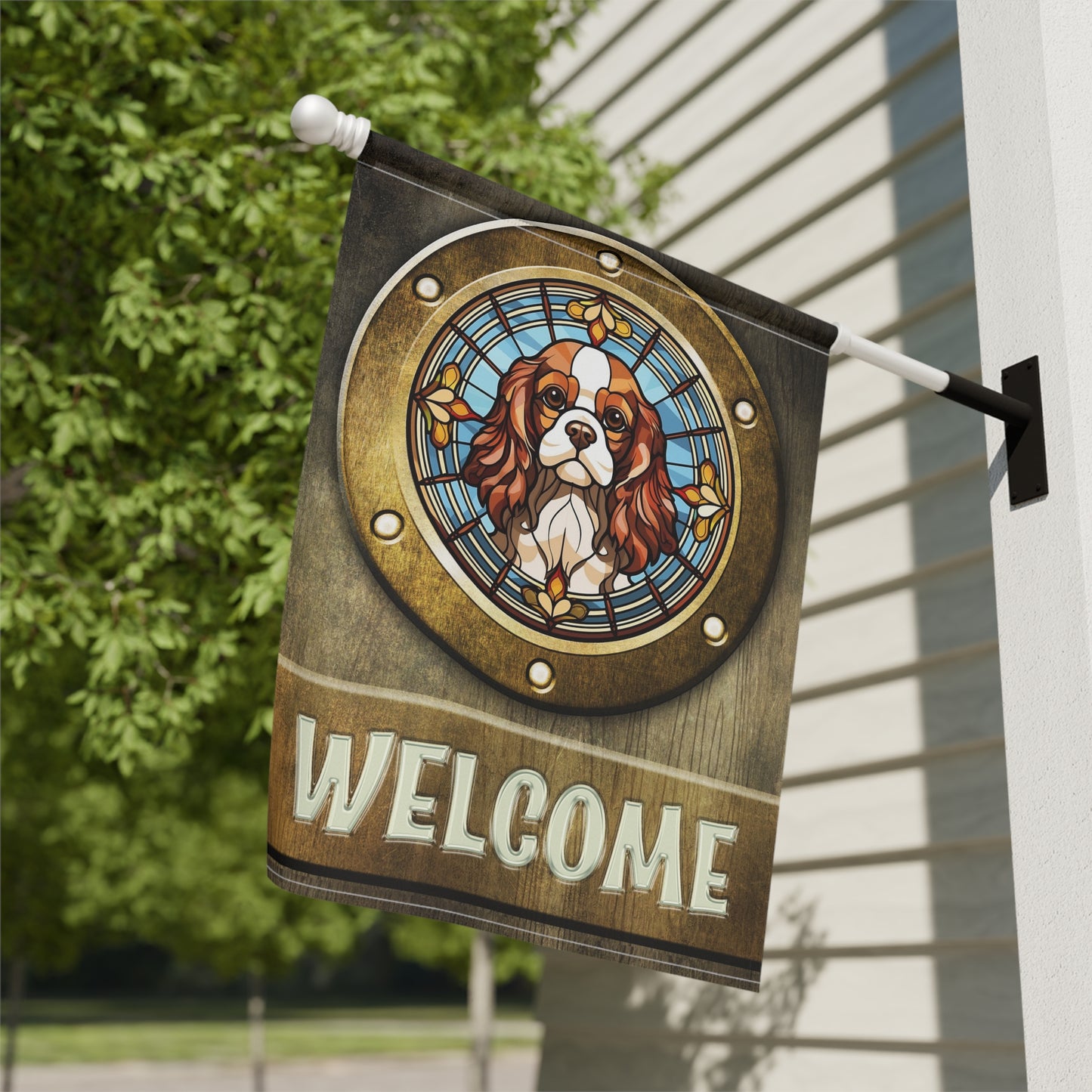 Cavalier King Charles in Port Hole Welcome 2-Sided Garden & House Flag/Banner