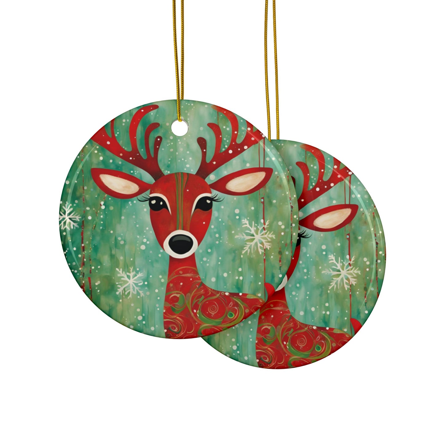 Red Reindeer 3" Ceramic Ornaments, 2-Side Print, (1pc, 10pcs)