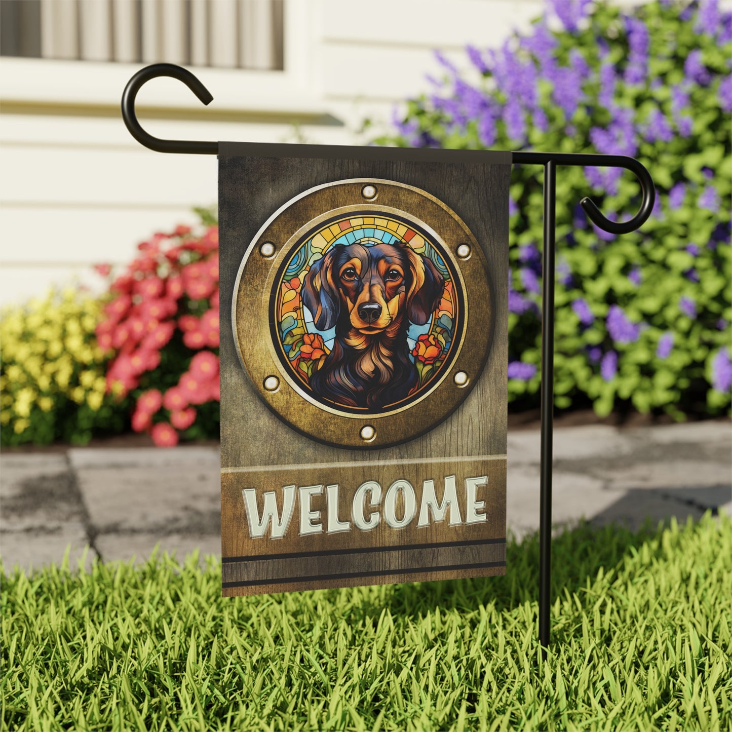 Dachshund in Port Hole Welcome 2-Sided Garden & House Flag/Banner