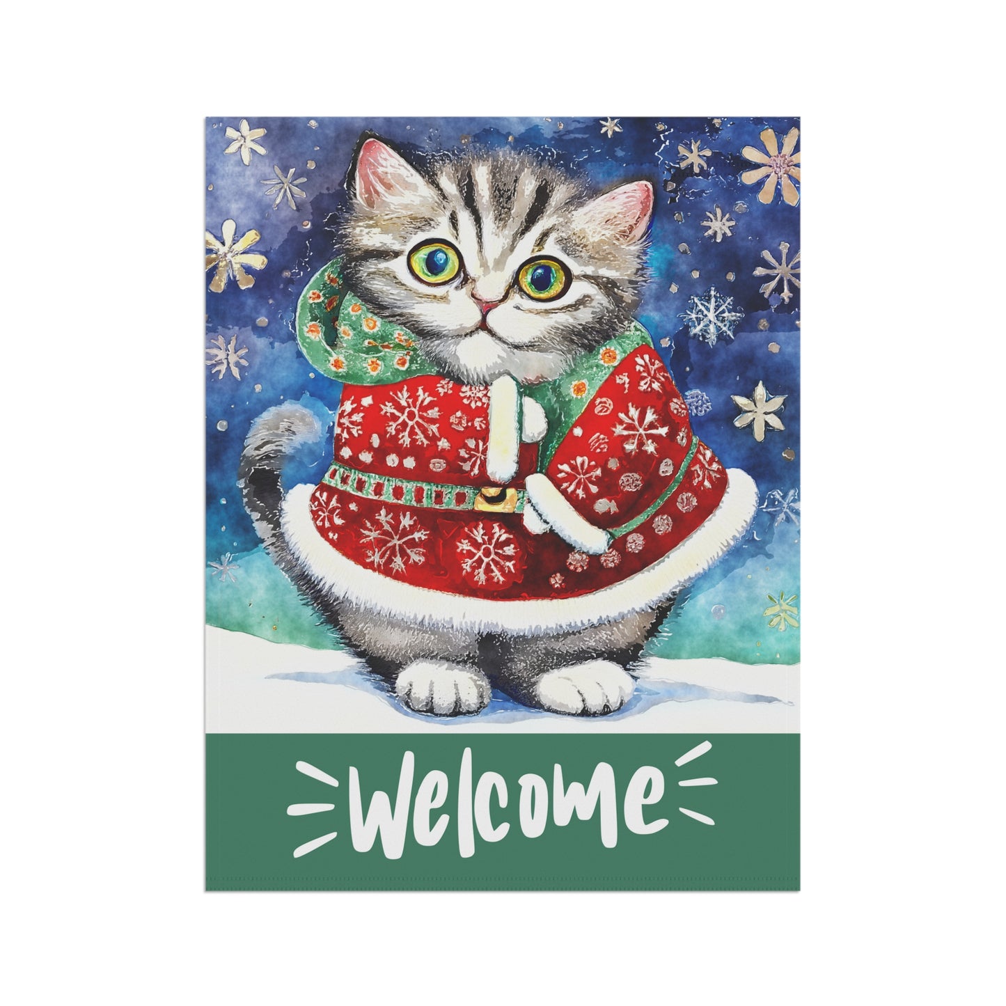 Welcome Whiskers Christmas Cat 2-Sided Garden & House Flag/Banner