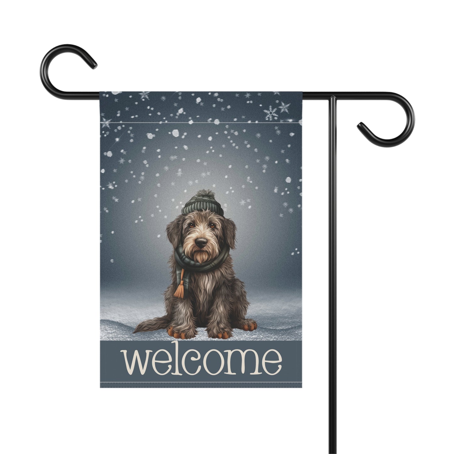 Snowy Welcome Irish Wolfhound in Scarf 2-Sided Garden & House Flag/Banner