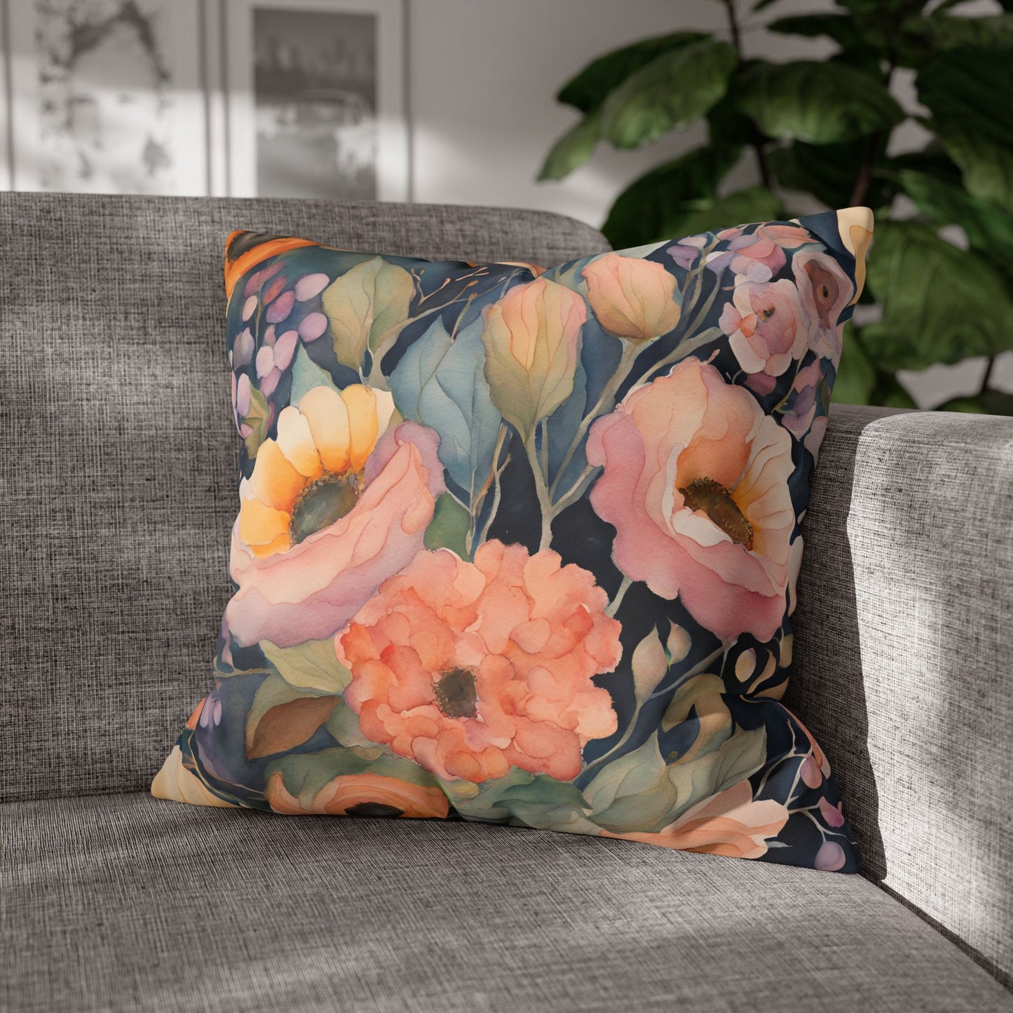 Charline Watercolor Floral Square Poly Canvas Pillowcase