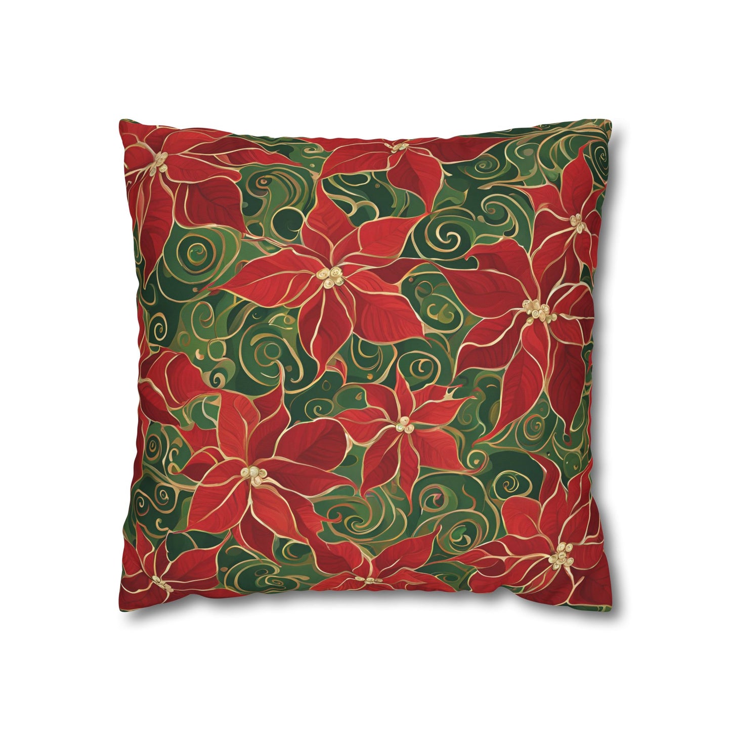 Poinsettias Swirl Holiday Square Poly Canvas Pillowcase