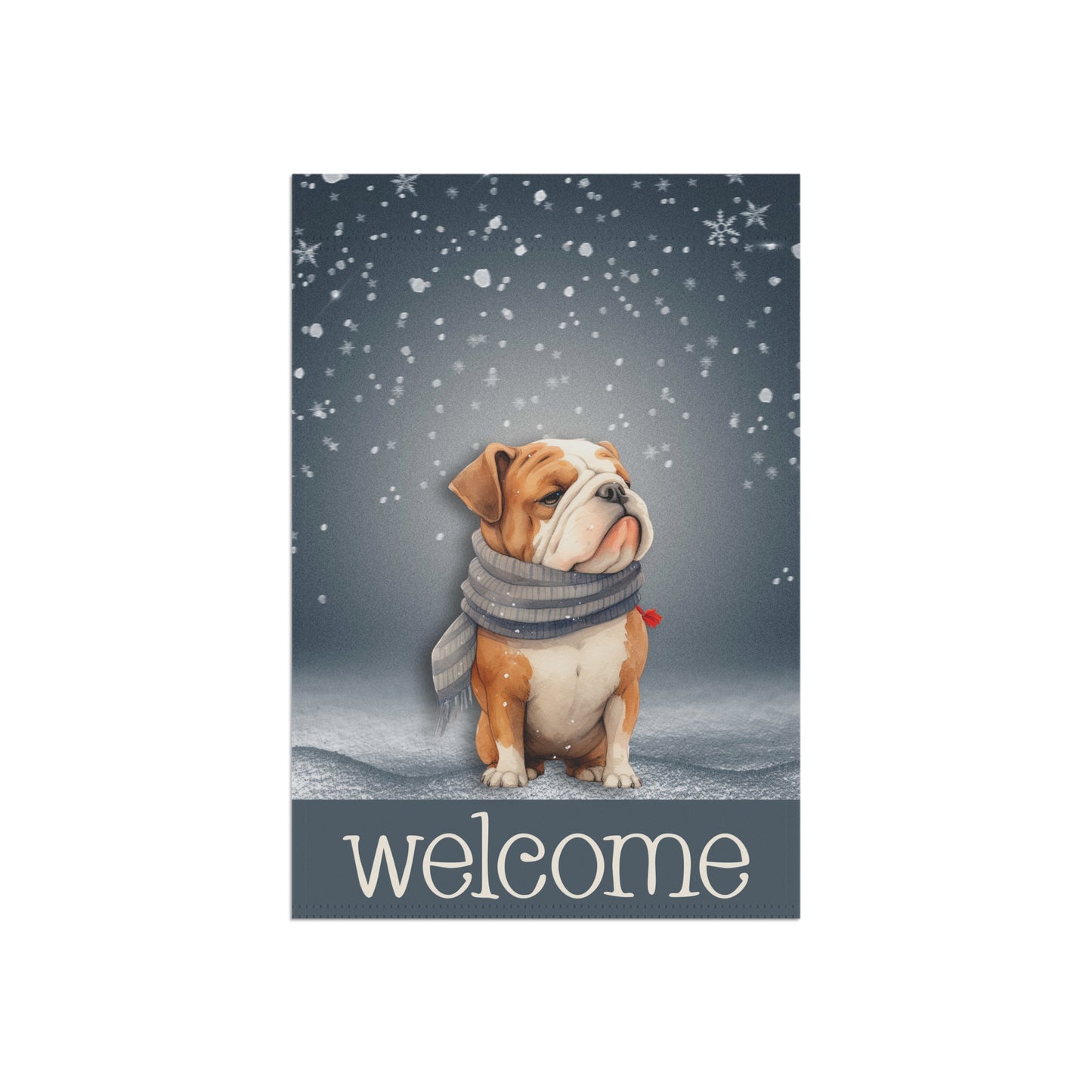 Snowy Welcome Bulldog in Scarf 2-Sided Garden & House Flag/Banner