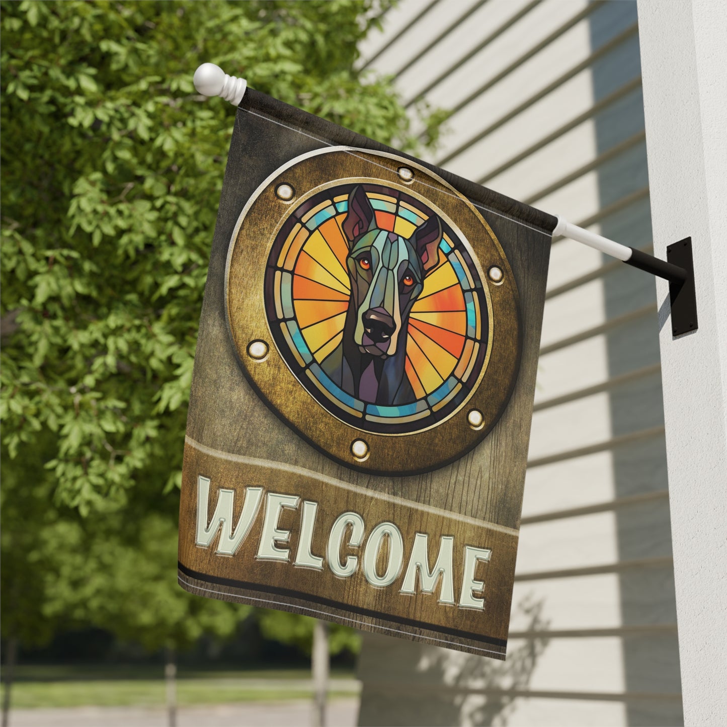 Great Dane in Port Hole Welcome 2-Sided Garden & House Flag/Banner