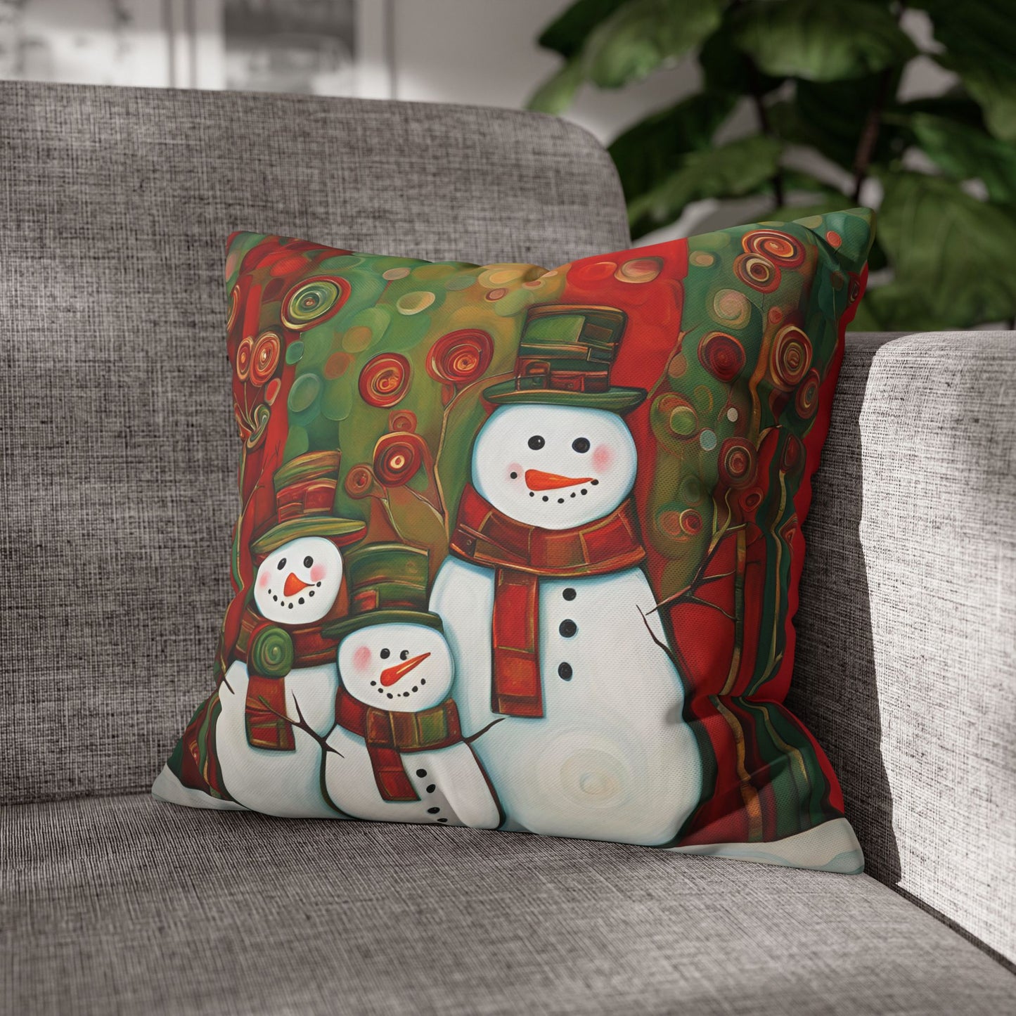 Snowman Family Square Poly Canvas Pillowcase