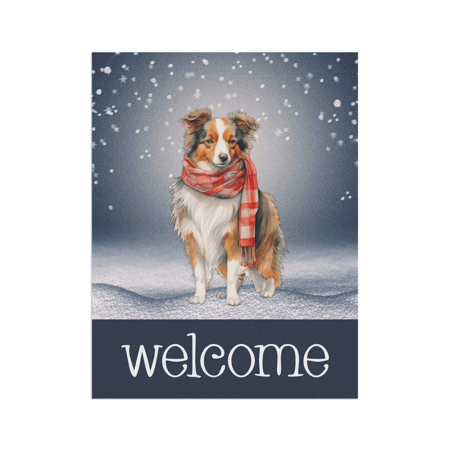 Snowy Welcome Collie in Scarf 2-Sided Garden & House Flag/Banner