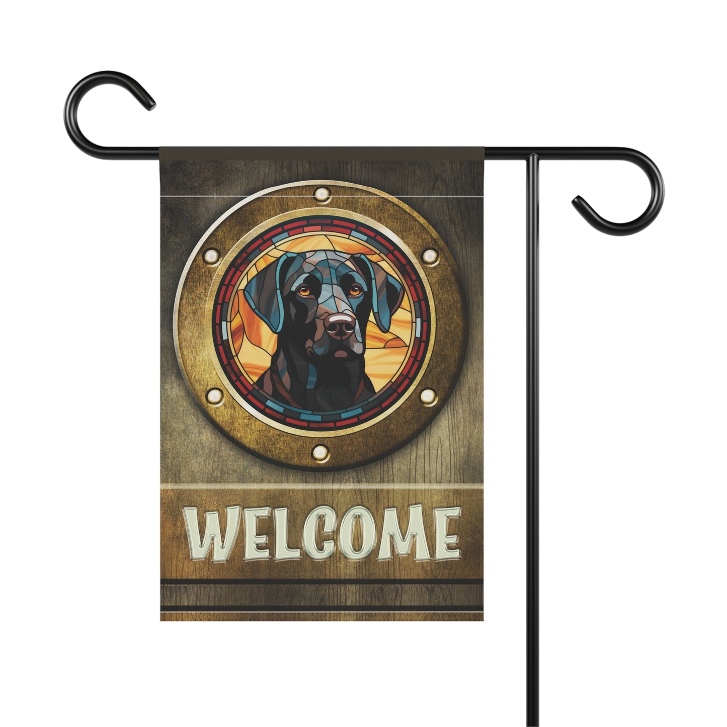 Black Labrador in Port Hole Welcome 2-Sided Garden & House Flag/Banner