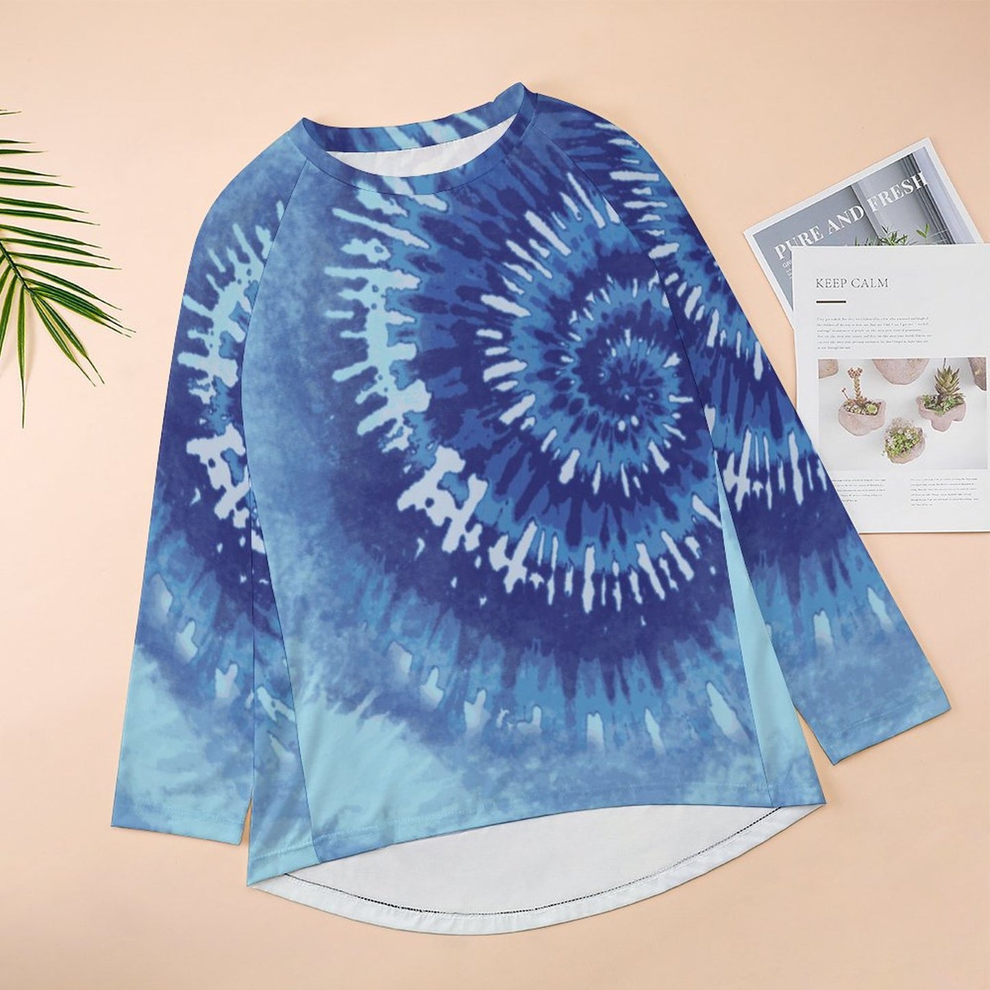 Blue Tie Dye Print Women's Long Sleeve U-Neck T-Shirt