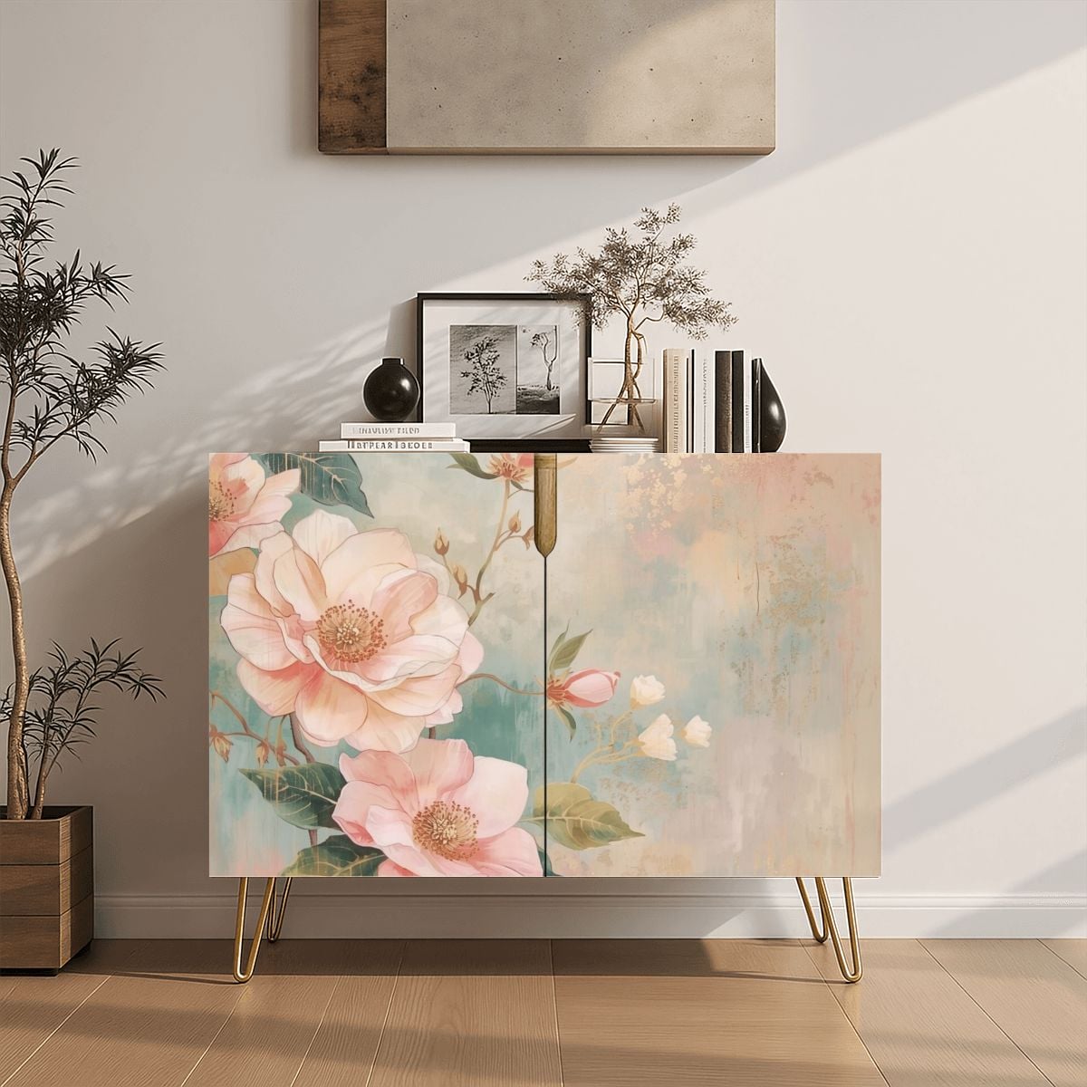 Pastel Floral Wooden Storage Cabinet (Made in USA)