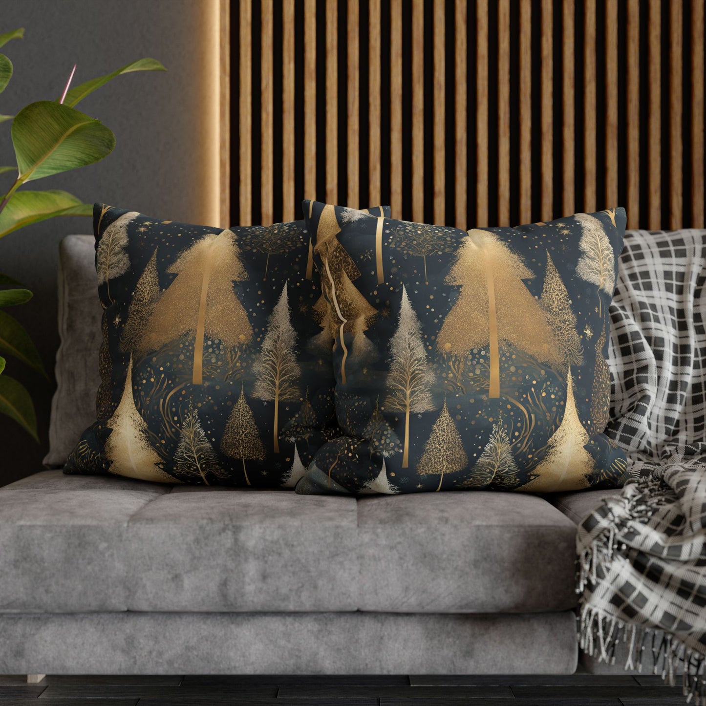 Golden Evergreens on Navy Square Poly Canvas Pillowcase