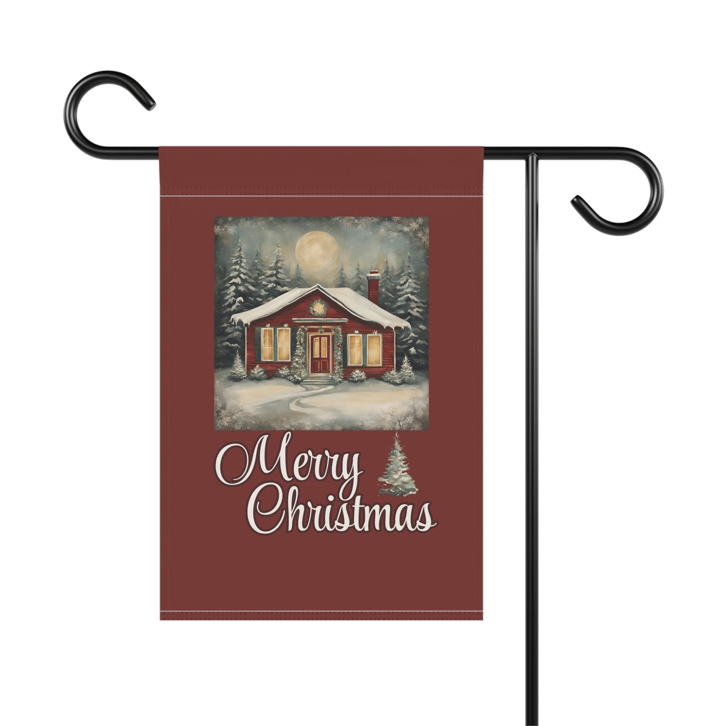 Red Cabin Merry Christmas 2-Sided Garden & House Flag/Banner