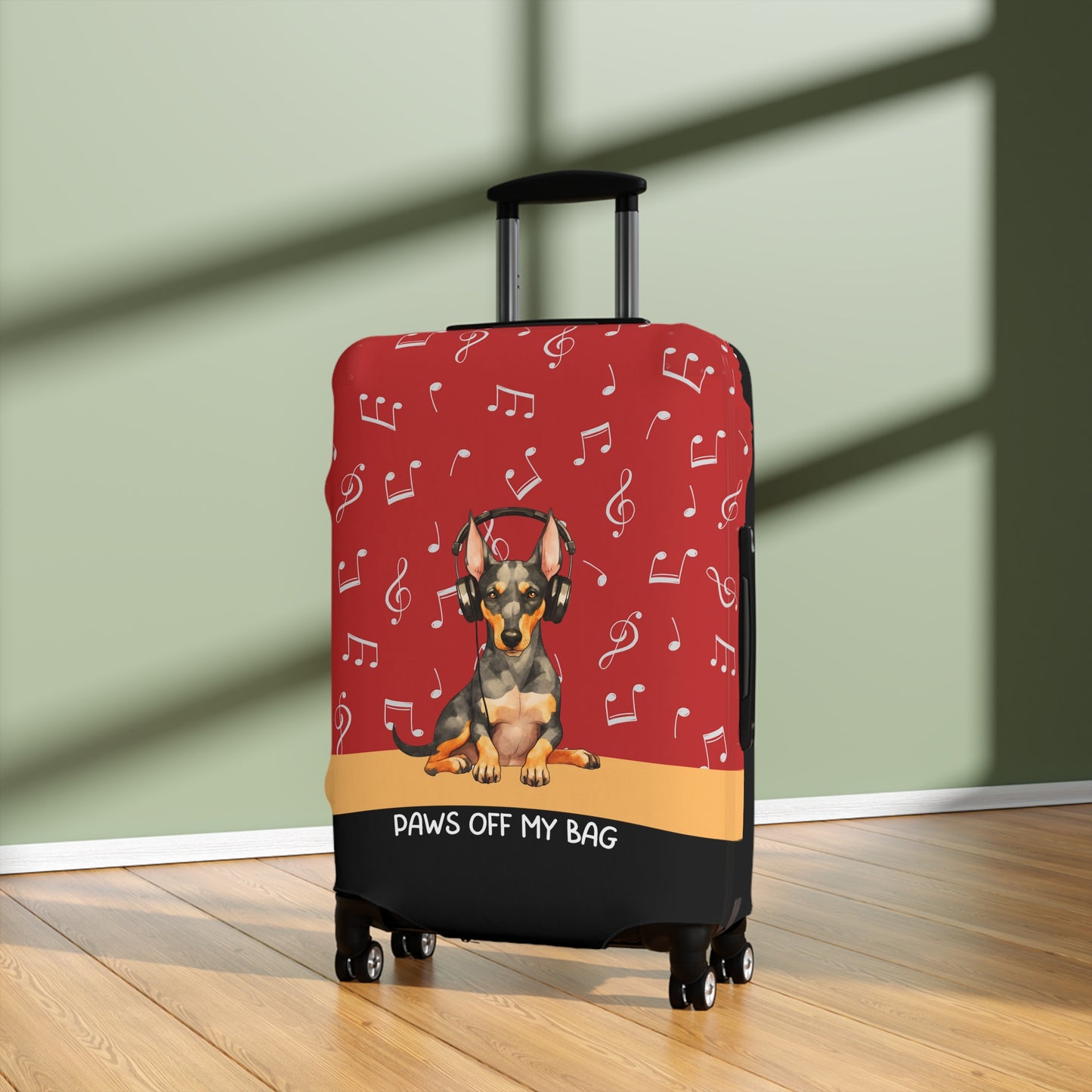 Doberman Pinscher in Headphones Paws Off My Bag Luggage Cover