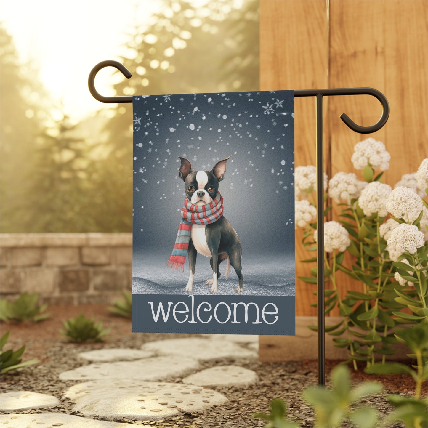 Snowy Welcome Boston Terrier in Scarf 2-Sided Garden & House Flag/Banner