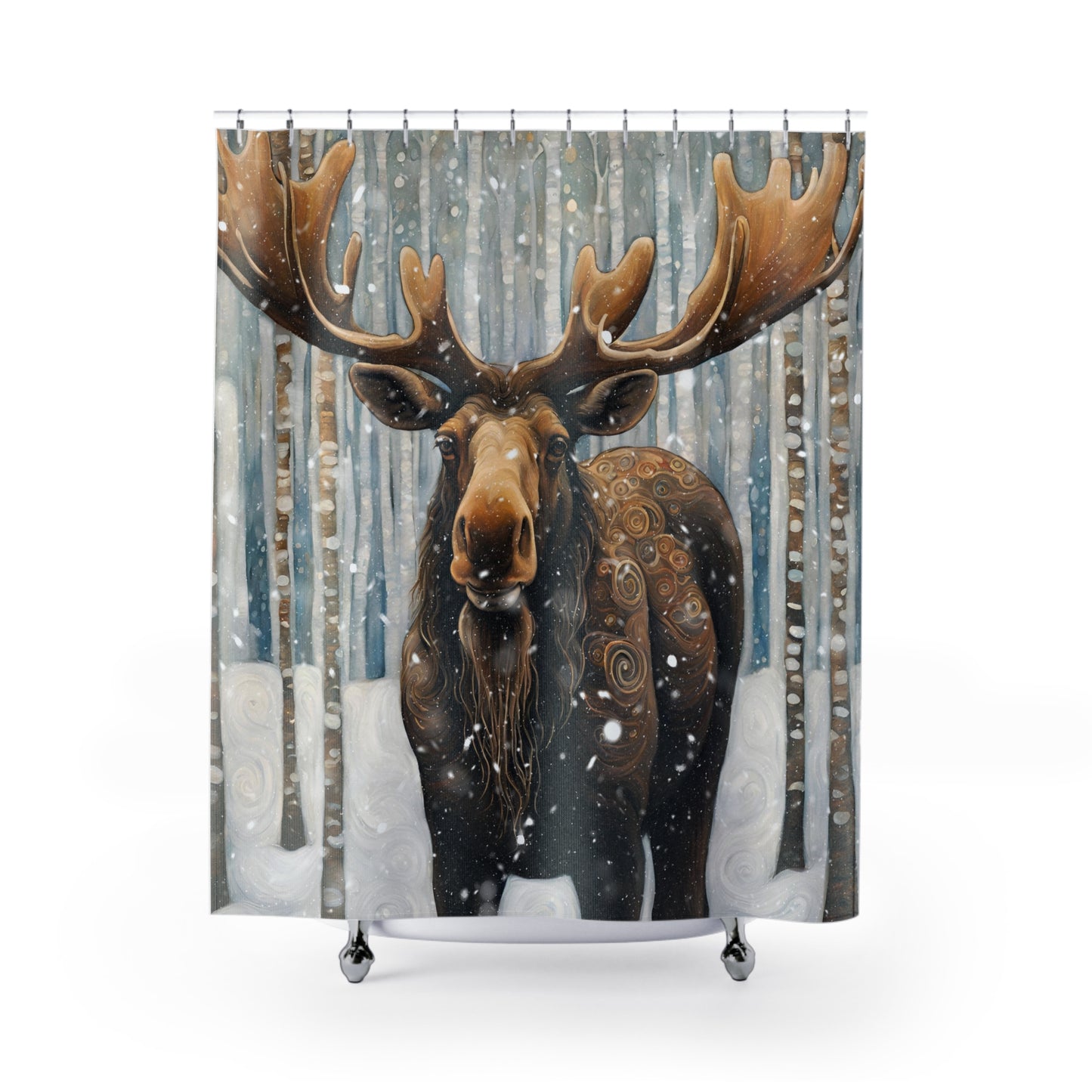 Mountain Forest Snowy Moose Polyester Shower Curtain