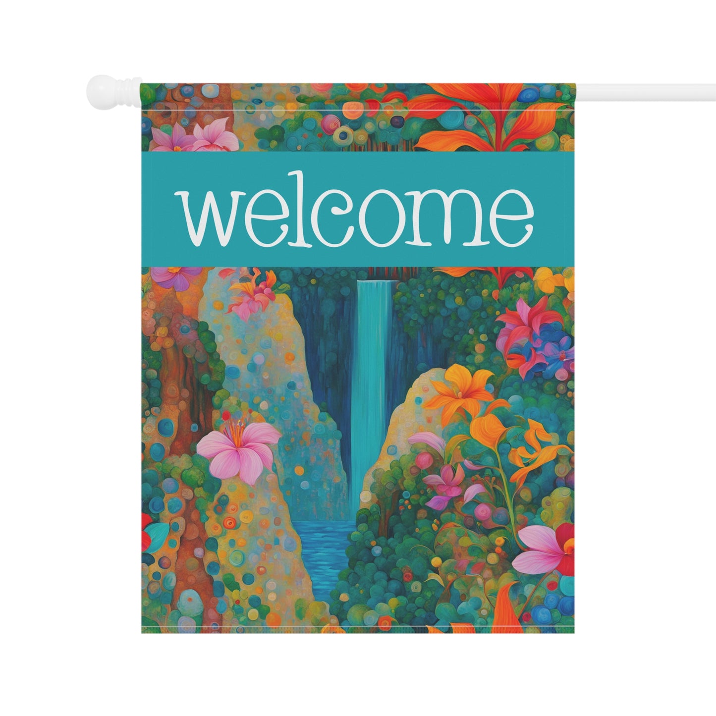 Tropical Waterfall Welcome 2-Sided Garden & House Flag/Banner