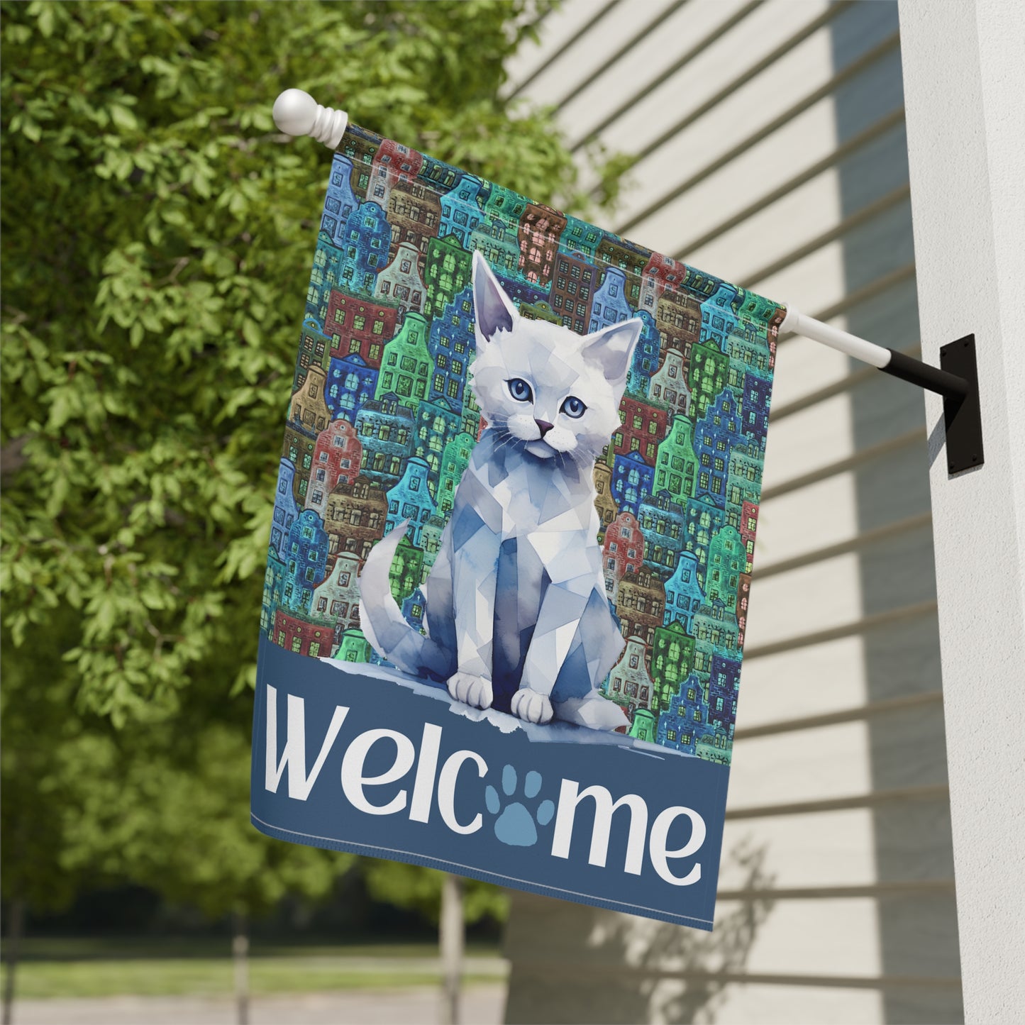 Blue City Cat Welcome 2-Sided Garden & House Flag/Banner