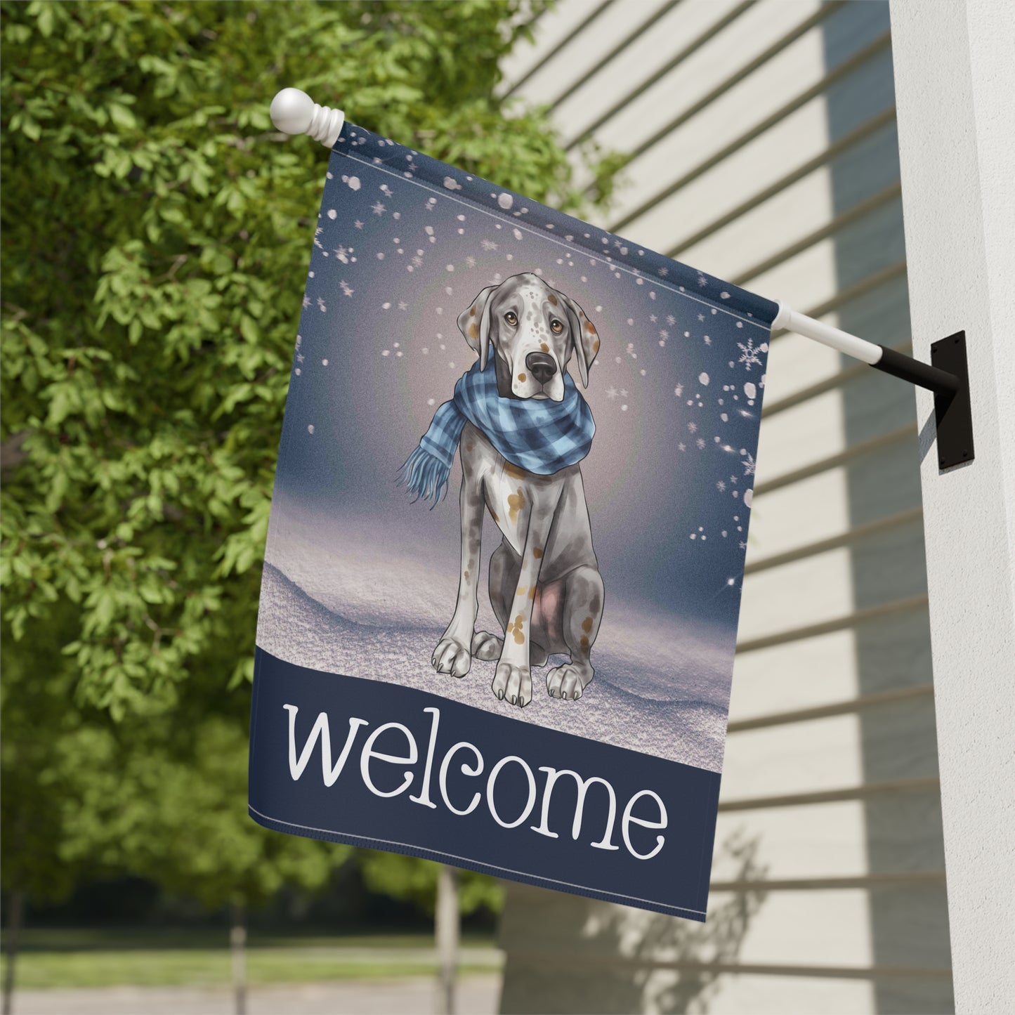 Snowy Welcome Great Dane in Scarf 2-Sided Garden & House Flag/Banner