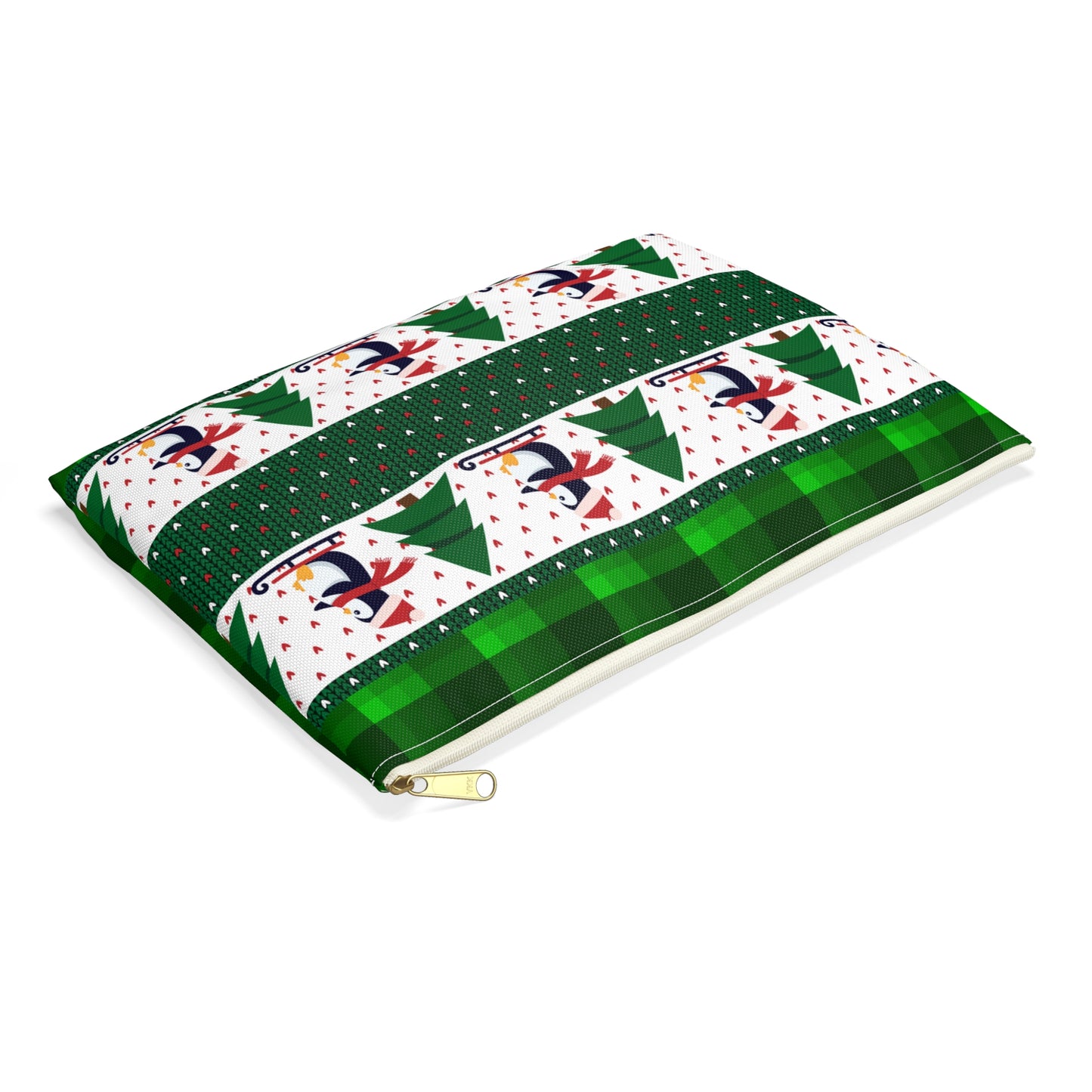 Sledding Penguins Green Plaid Accessory Pouch